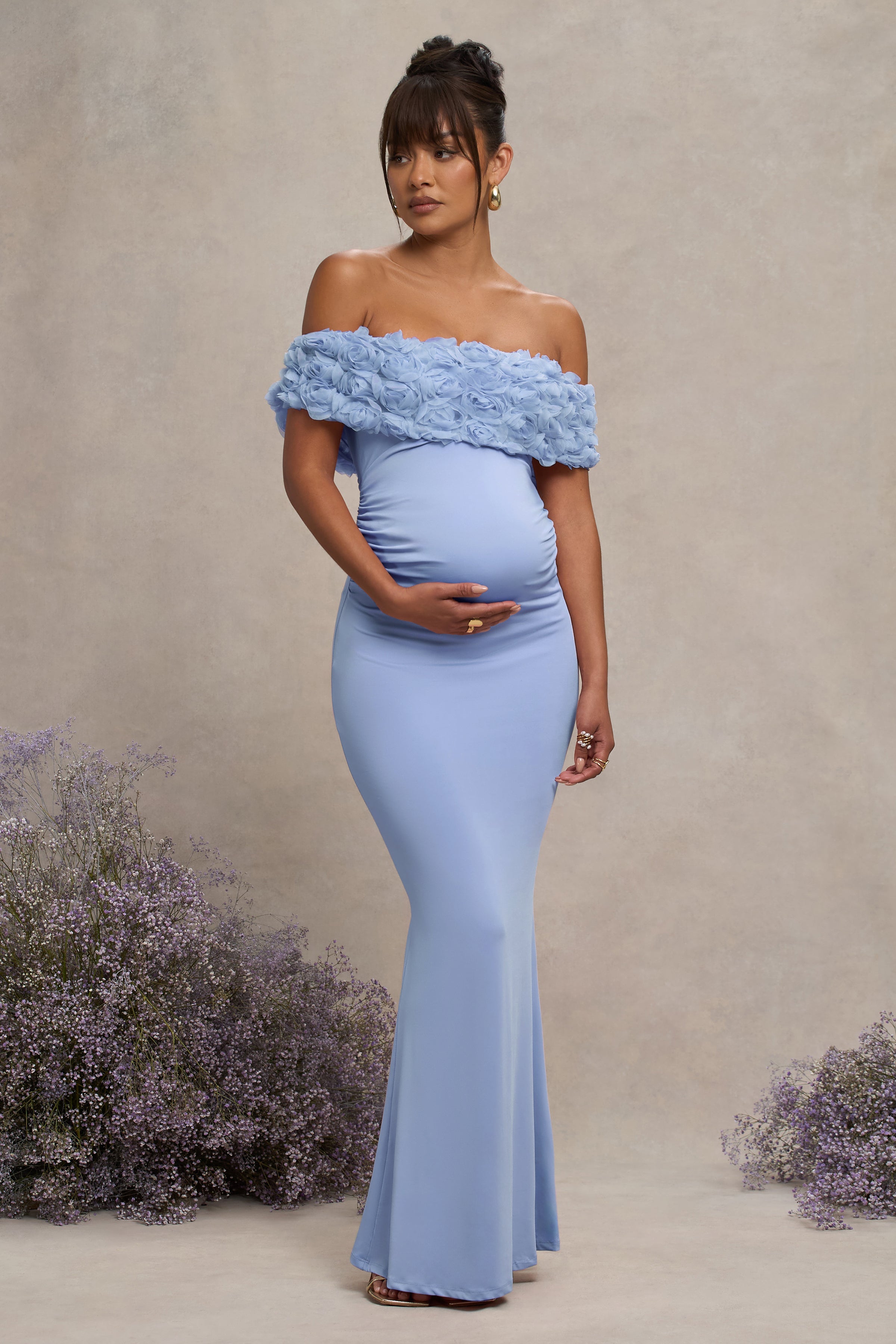 Inflorescence | Powder Blue Mesh Floral Bardot Maternity Maxi Dress