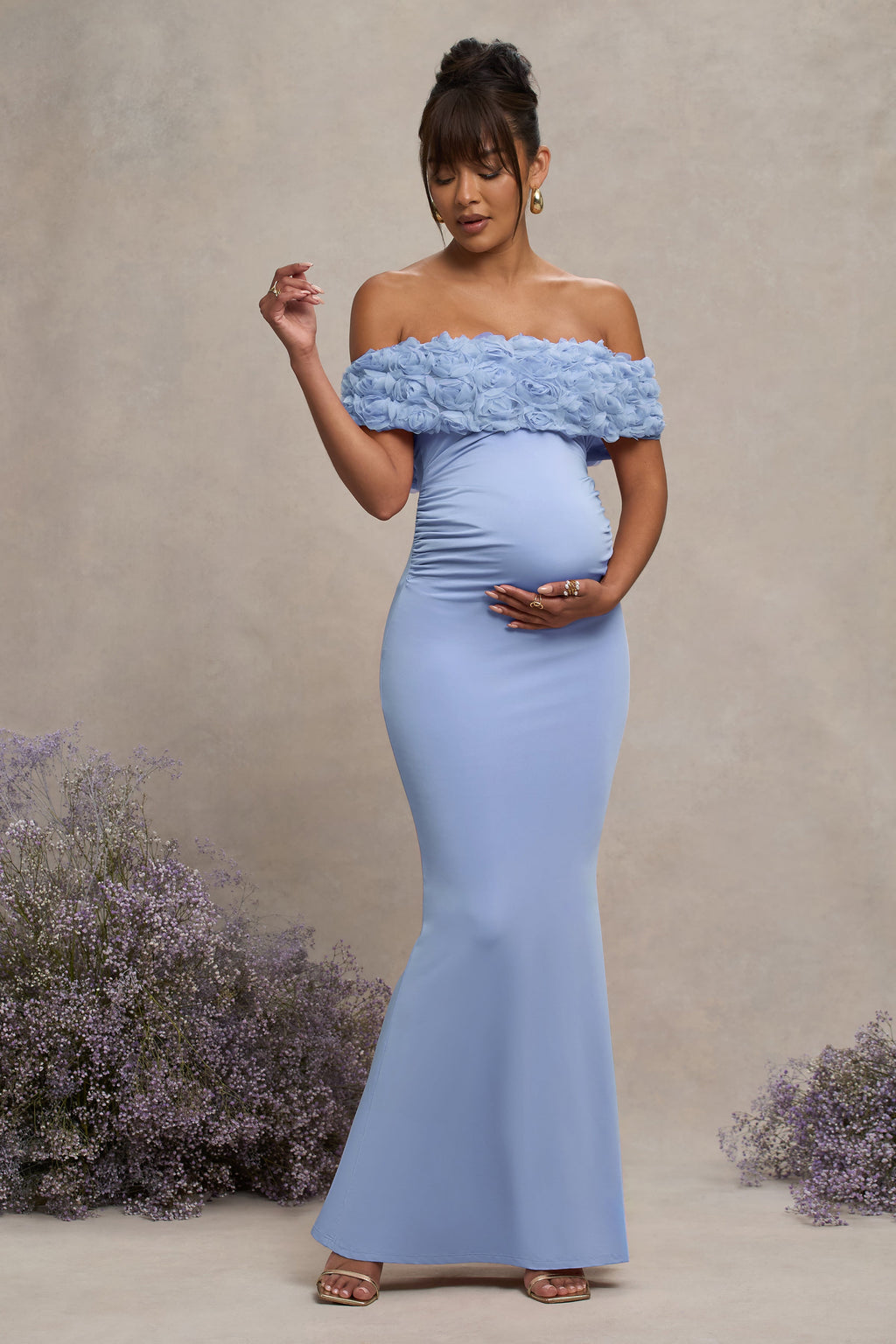 Inflorescence | Powder Blue Mesh Floral Bardot Maternity Maxi Dress