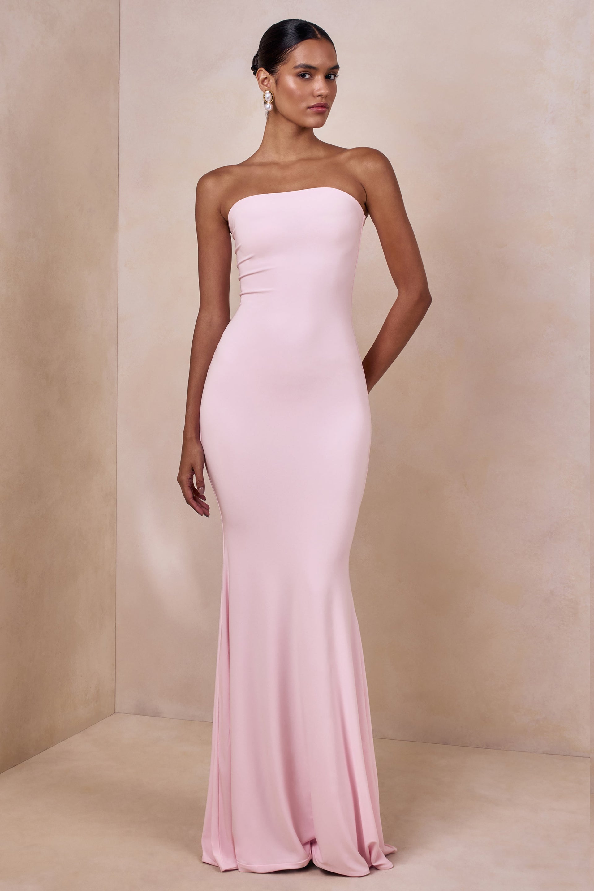 pink bandeau embroidered lace bodycon dress Amaris