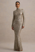 Galaxy | Champagne Sequin Turtle-Neck Long-Sleeve Maxi Dress