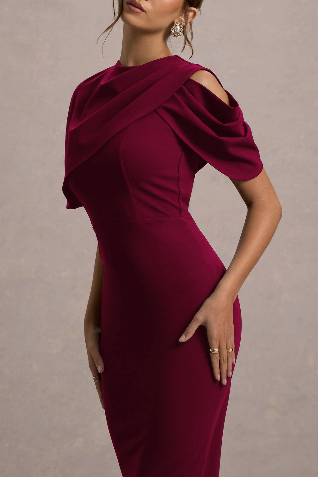 Dorothea | Berry Draped Midi Dress With Cape