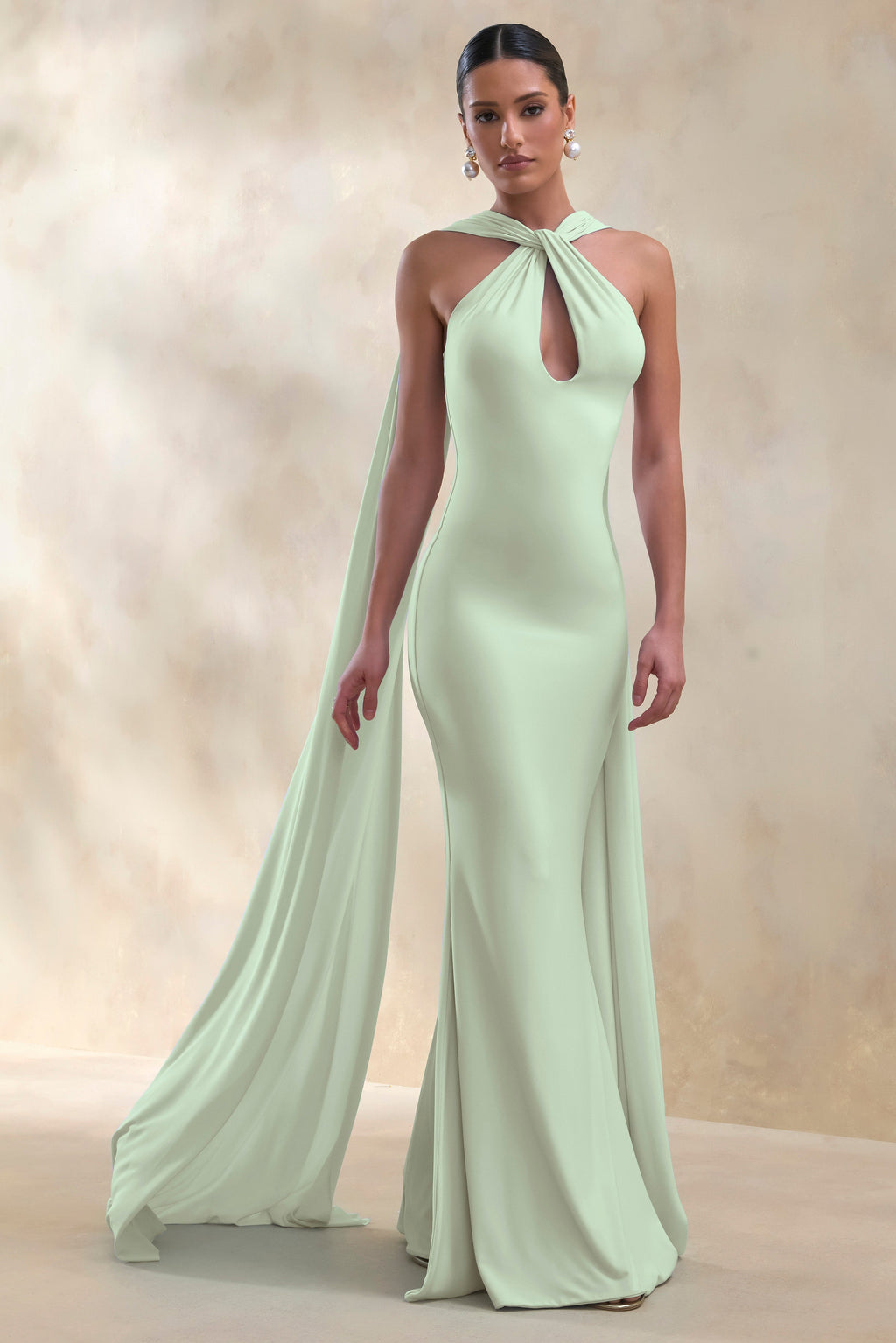 Rhoda | Mint Twist Halter-Neck Cape Maxi Dress