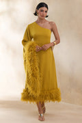 Destiny | Yellow Satin Asymmetric-Neck Midi Dress With Feather Details