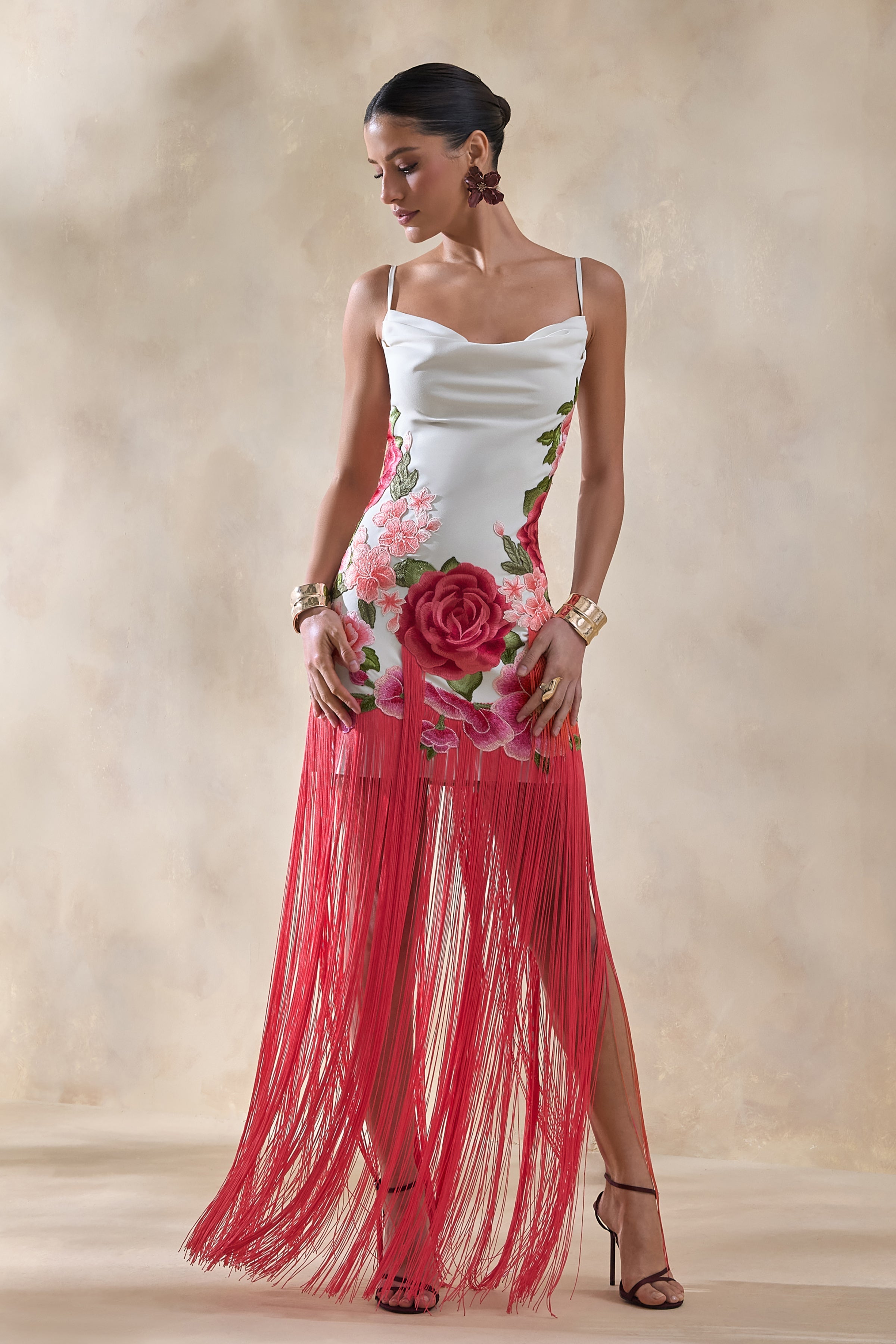 Bejewelled | Cream and Pink Floral Cowl-Neck Maxi Dress With Fringe Hem