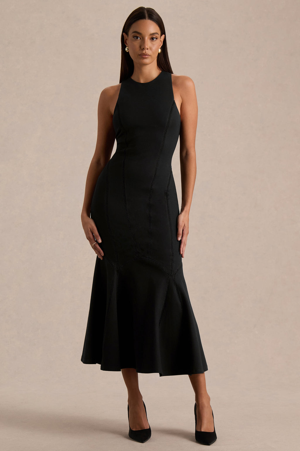 Sally | Black Crew-Neck Midi Dress With Drop Waist