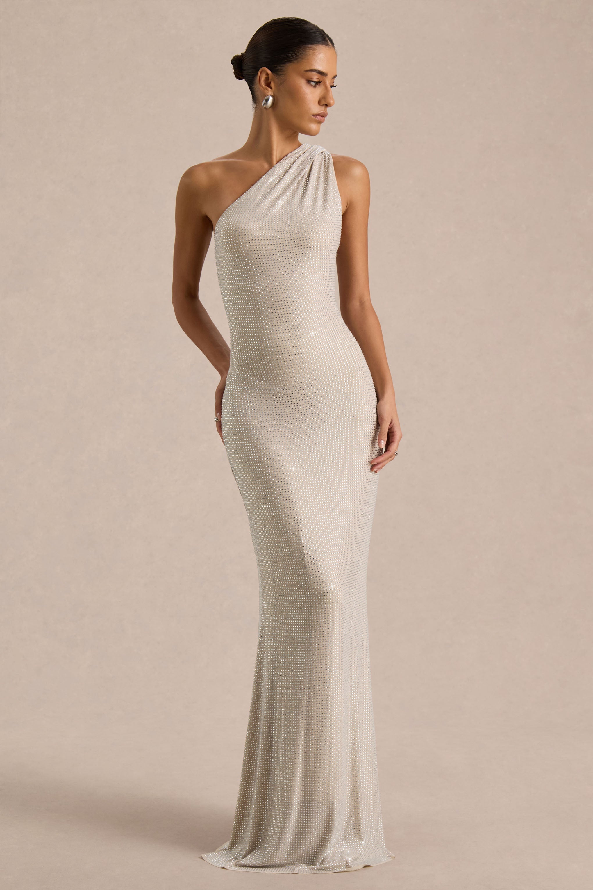 Deity | Silver Embellished Asymmetric-Neck Maxi Dress With Open-Back
