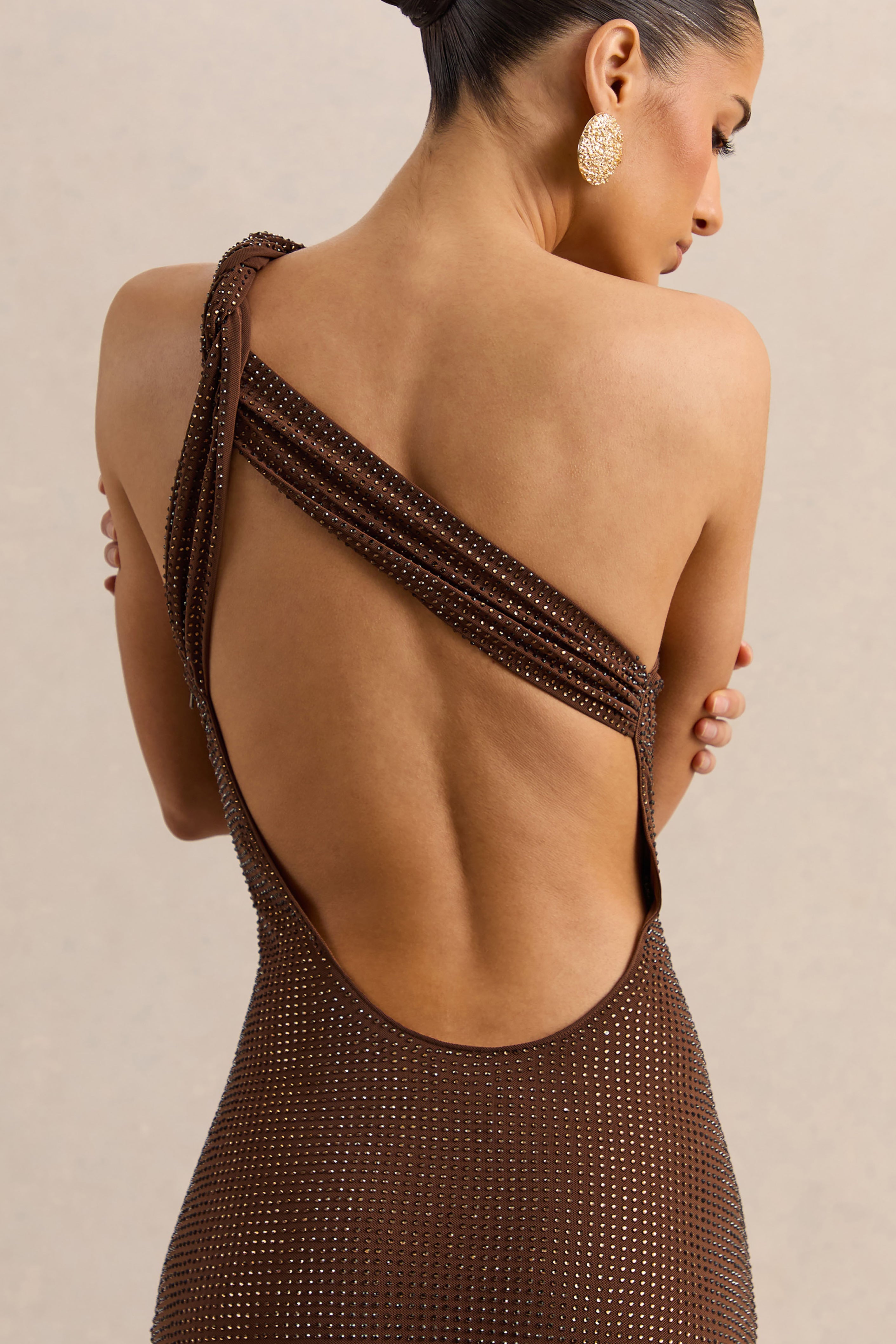 Deity | Brown Embellished Asymmetric-Neck Maxi Dress With Open-Back