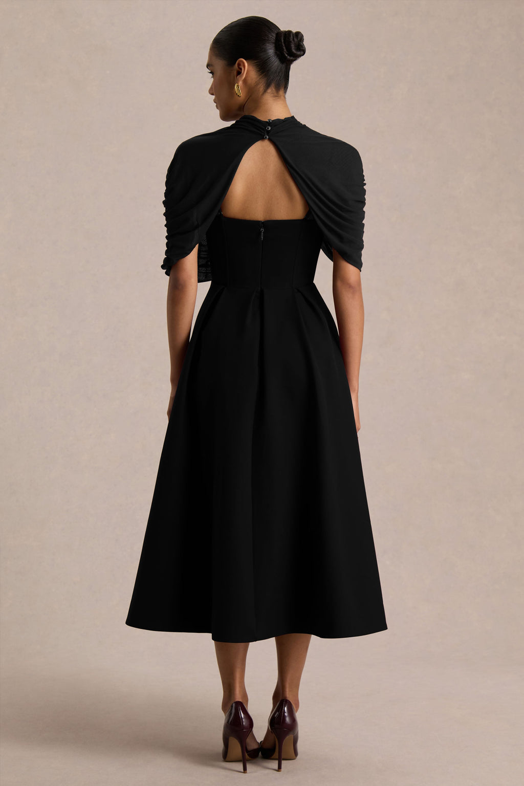 Thalia | Black High-Neck Midi Dress With Sheer Mesh Cape