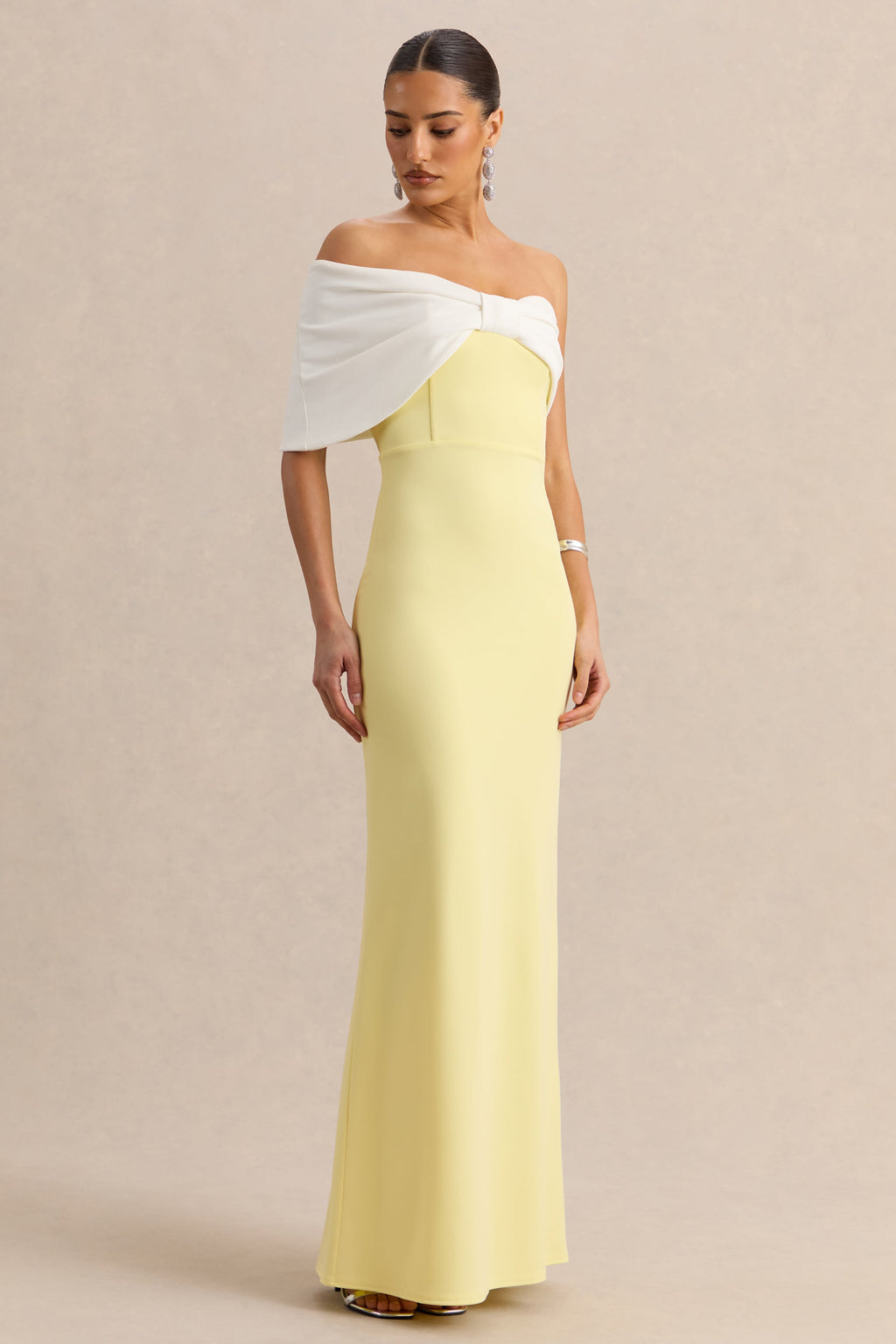 Agatha | Lemon & White Bow Bardot-Neck Maxi Dress
