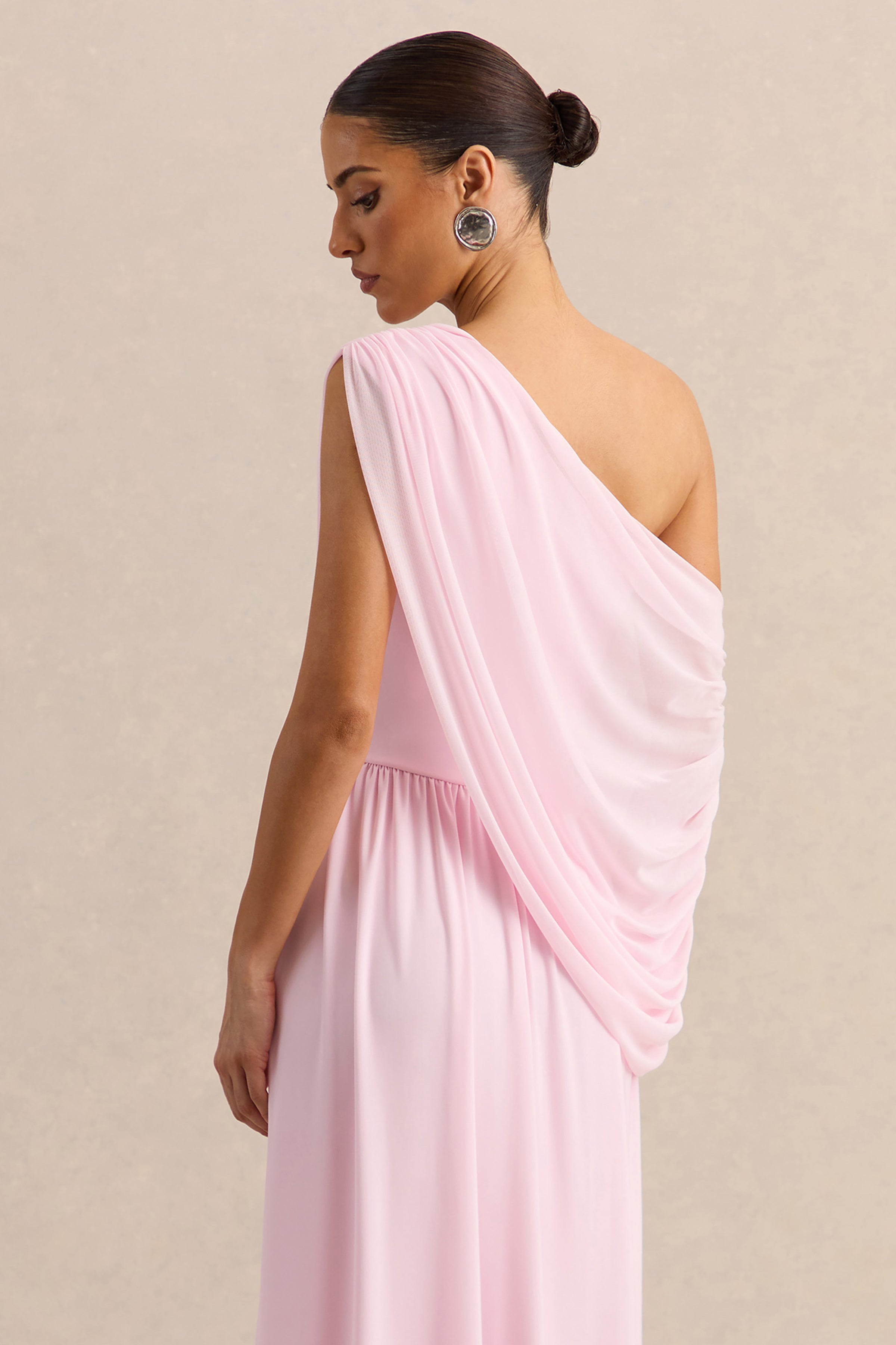 Sabianna | Pink Asymmetric-Neck Maxi Dress With Draped Detailing