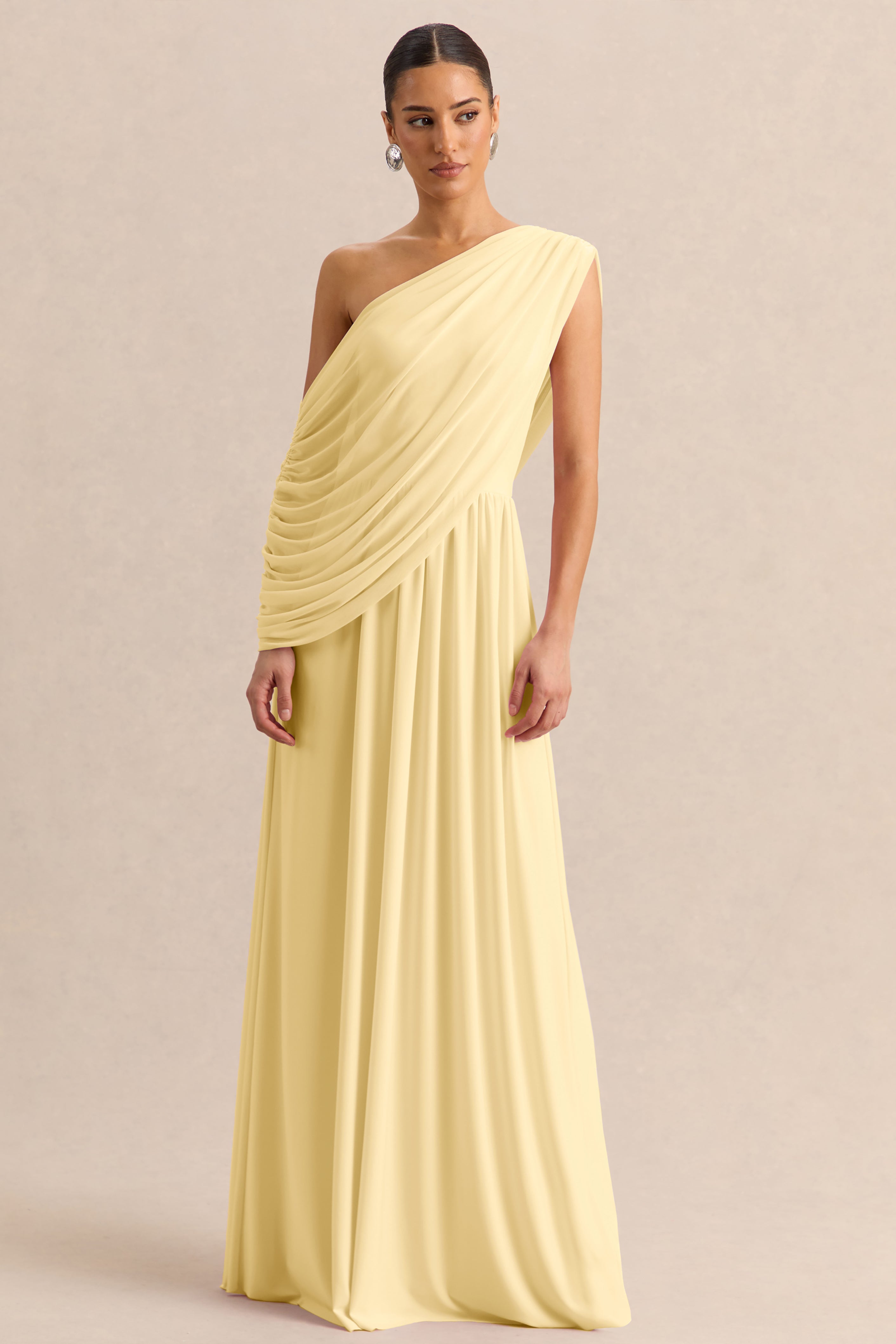 Sabianna | Lemon Asymmetric-Neck Maxi Dress With Draped Detailing