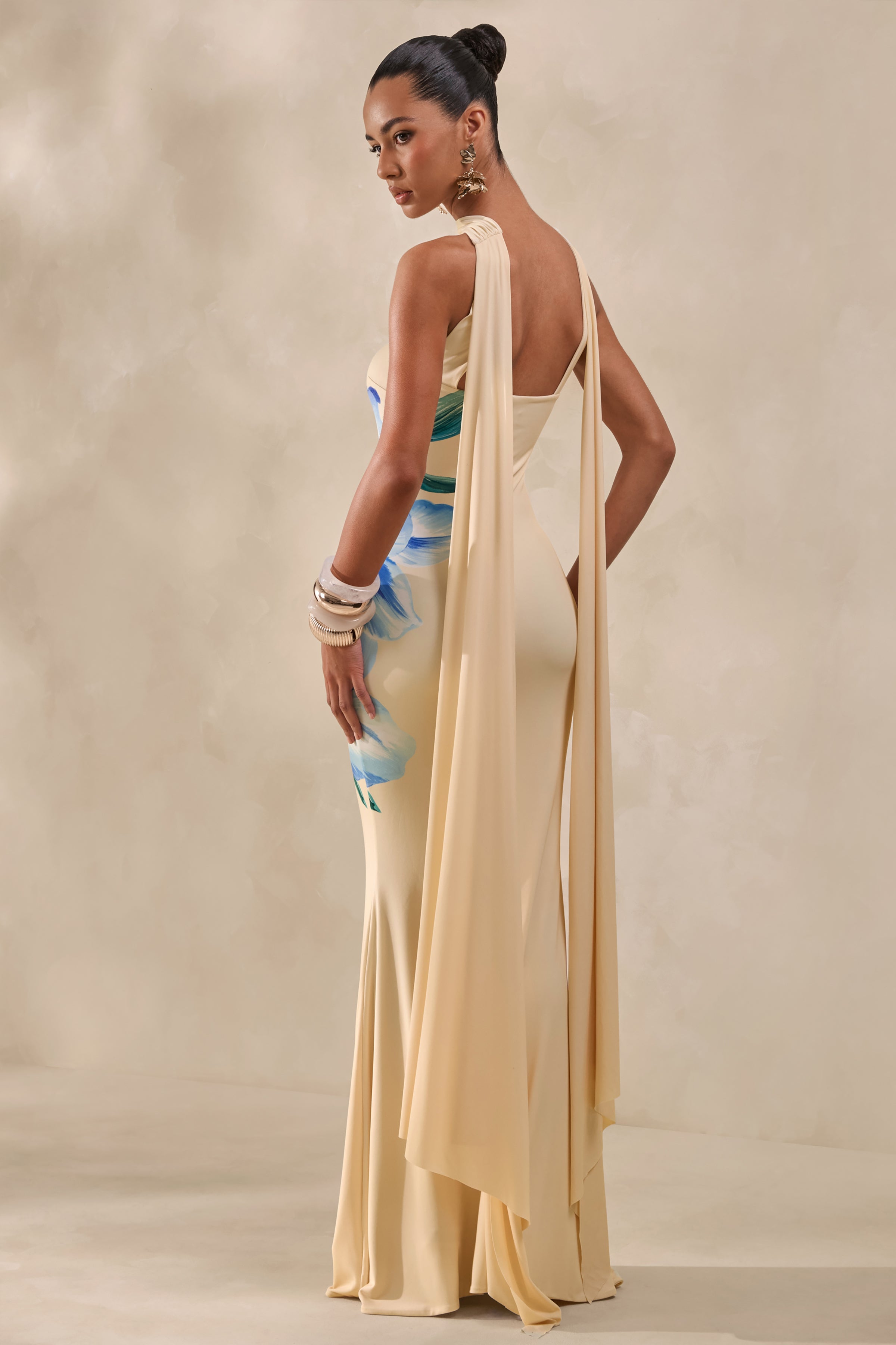 Brooke | Lemon And Blue Floral Print Bandeau Maxi Dress With Scarf