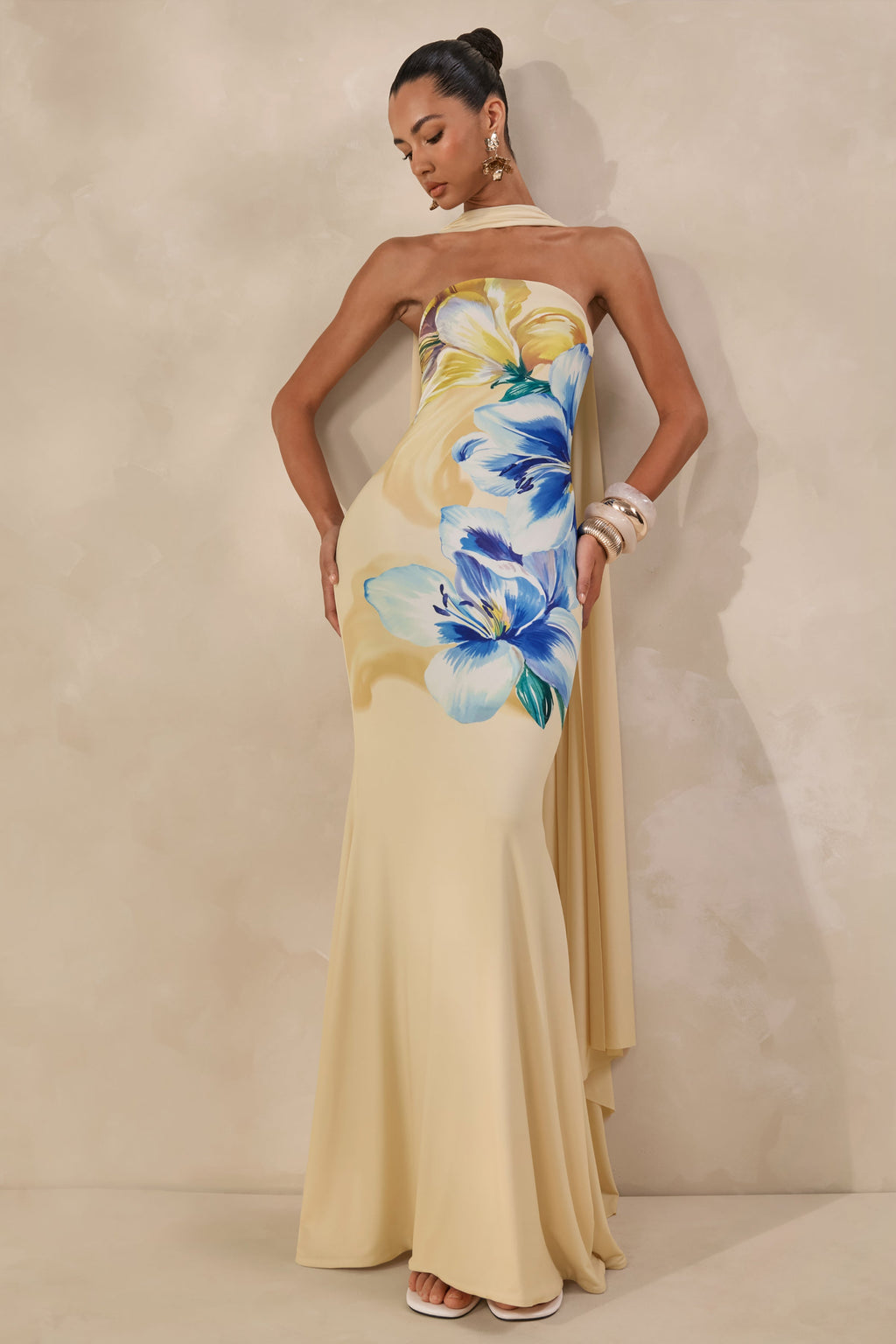 Brooke | Lemon And Blue Floral Print Bandeau Maxi Dress With Scarf