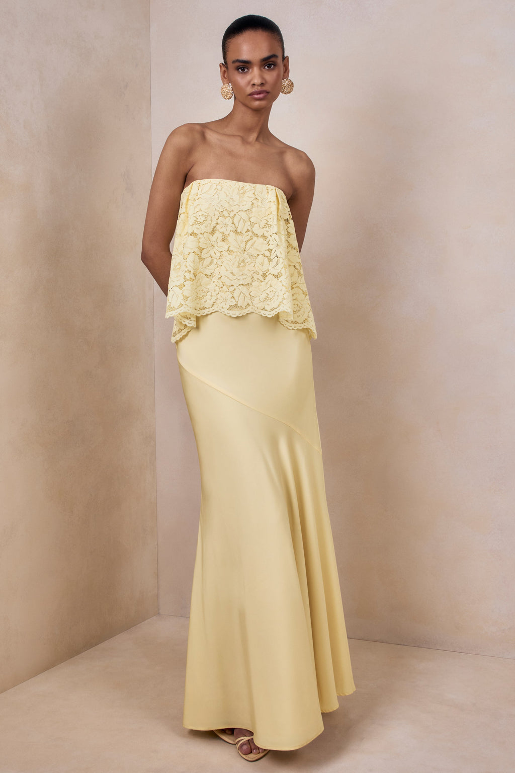 Clemency | Lemon Lace And Matte Satin Bandeau Maxi Dress