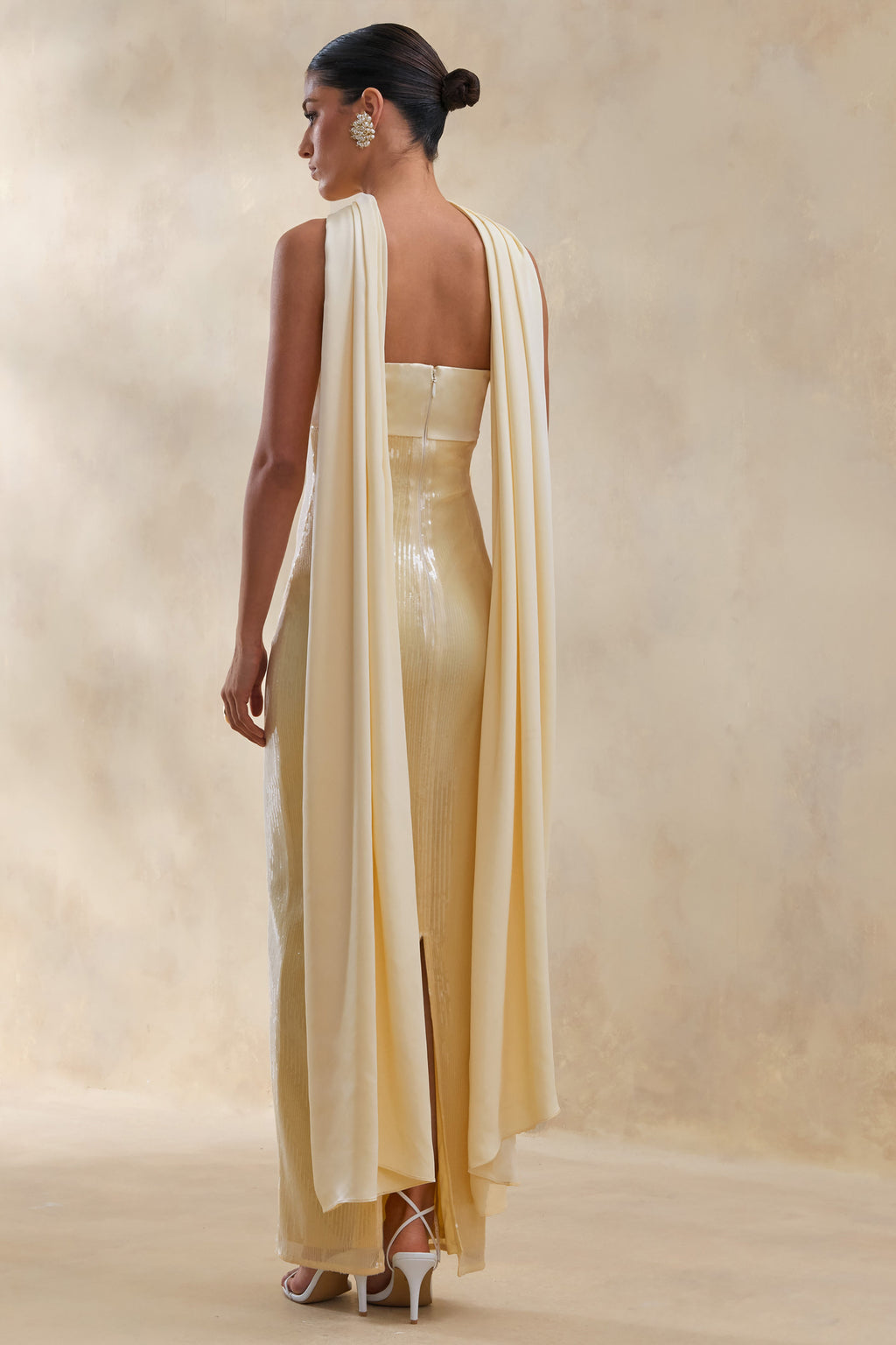 Stephanie | Lemon Sequin Bandeau Maxi Dress With Scarf