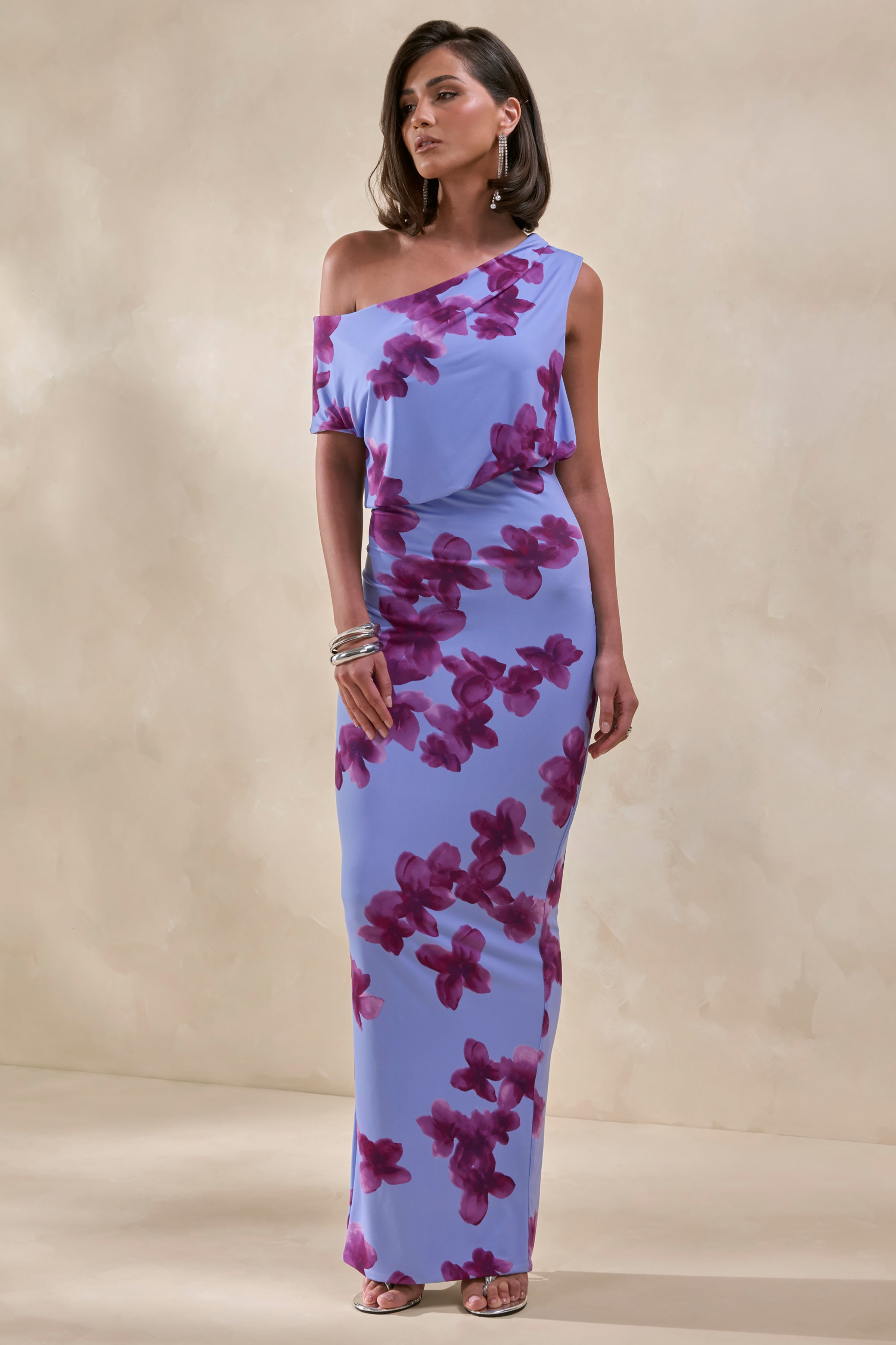 Louisa | Blurred Floral Print Asymmetric-Neck Maxi Dress