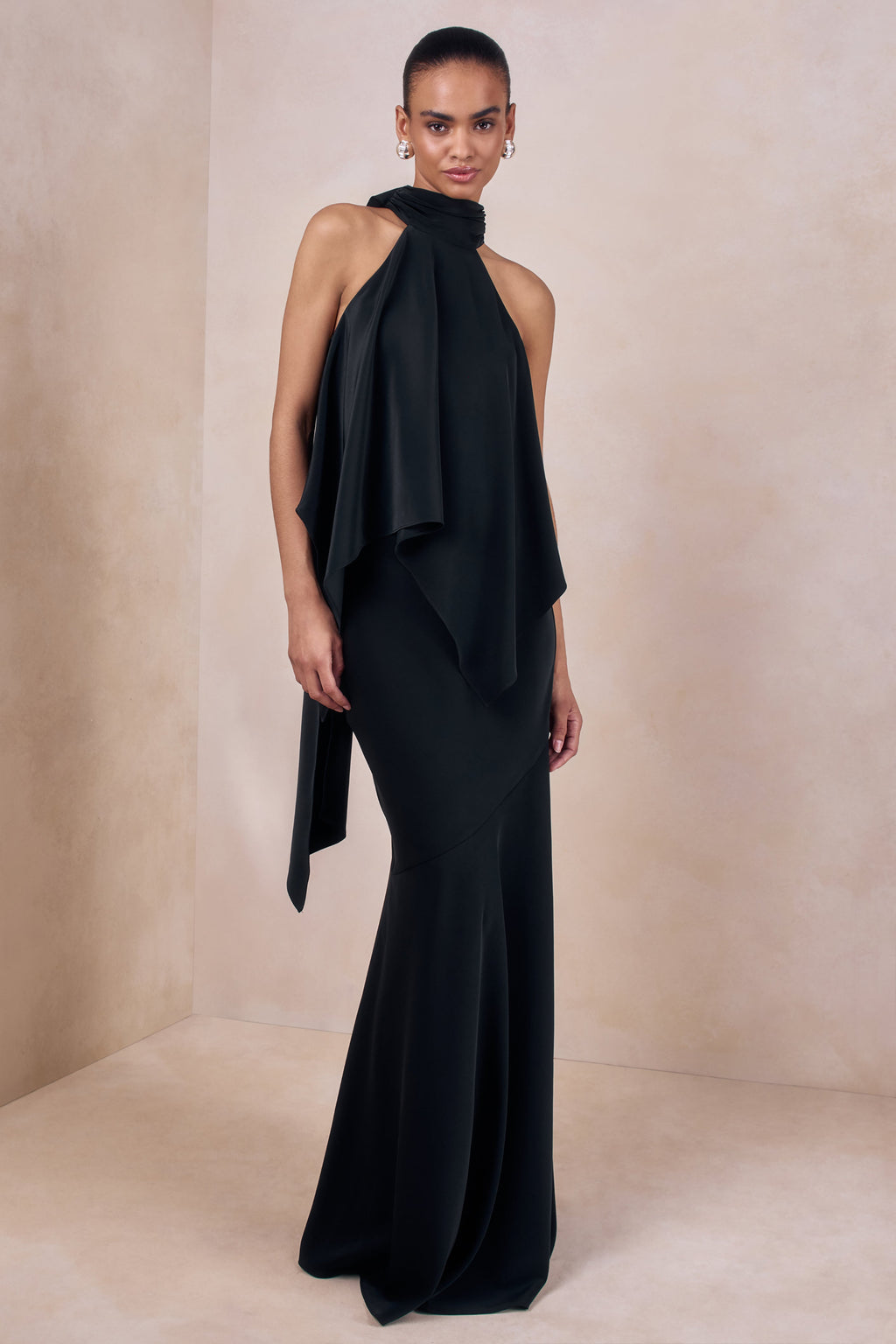 Vayla | Black Matte Satin Asymmetric Drop-Waist Maxi Skirt