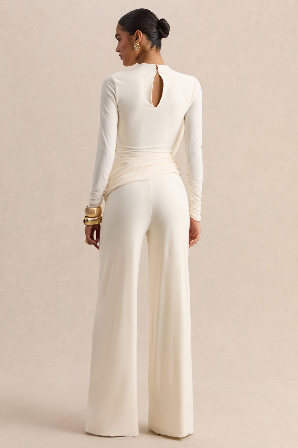Raniella | White High-Neck Top With Gathered And Draped-Detailing
