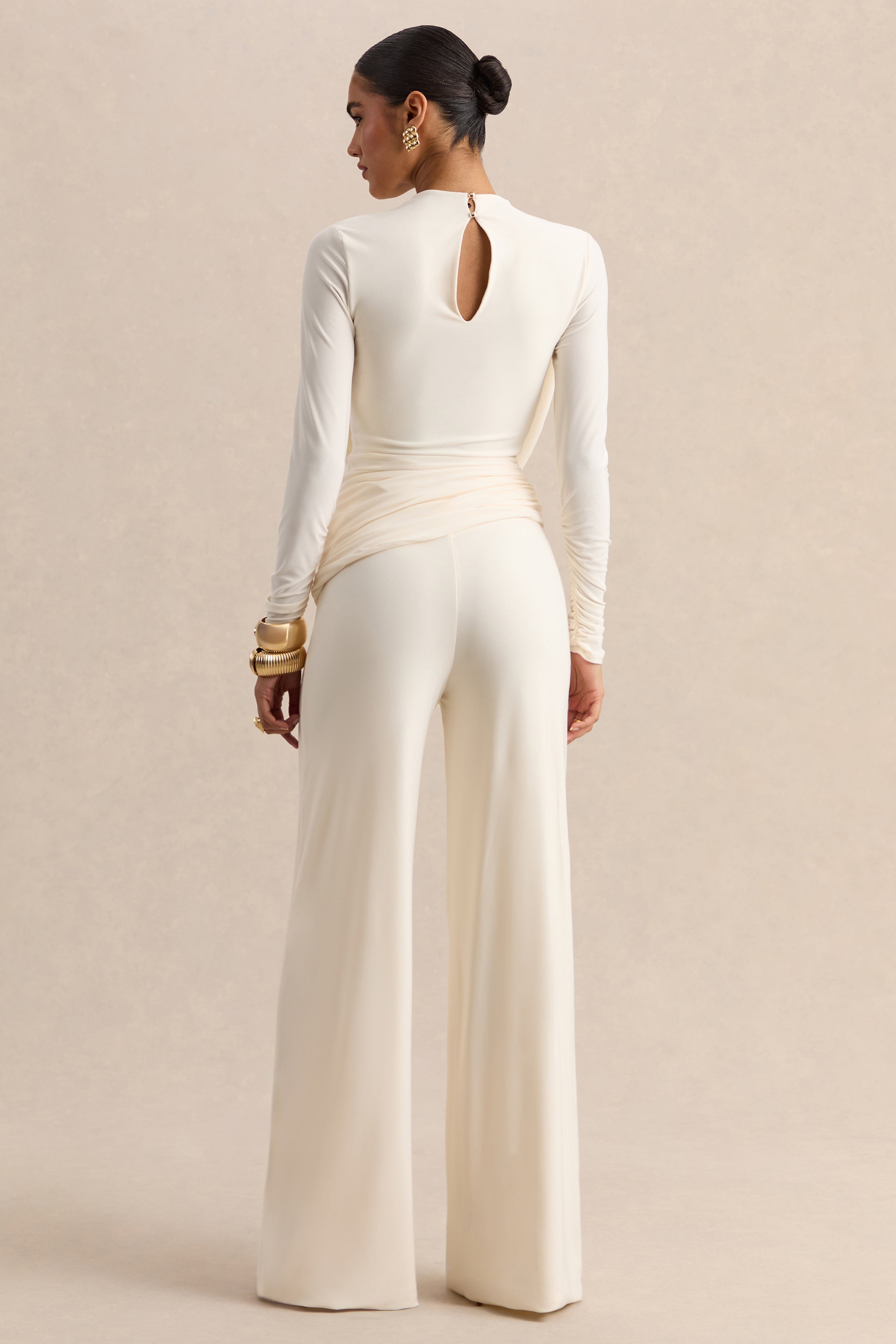 Raniella | White High-Neck Top With Gathered And Draped-Detailing