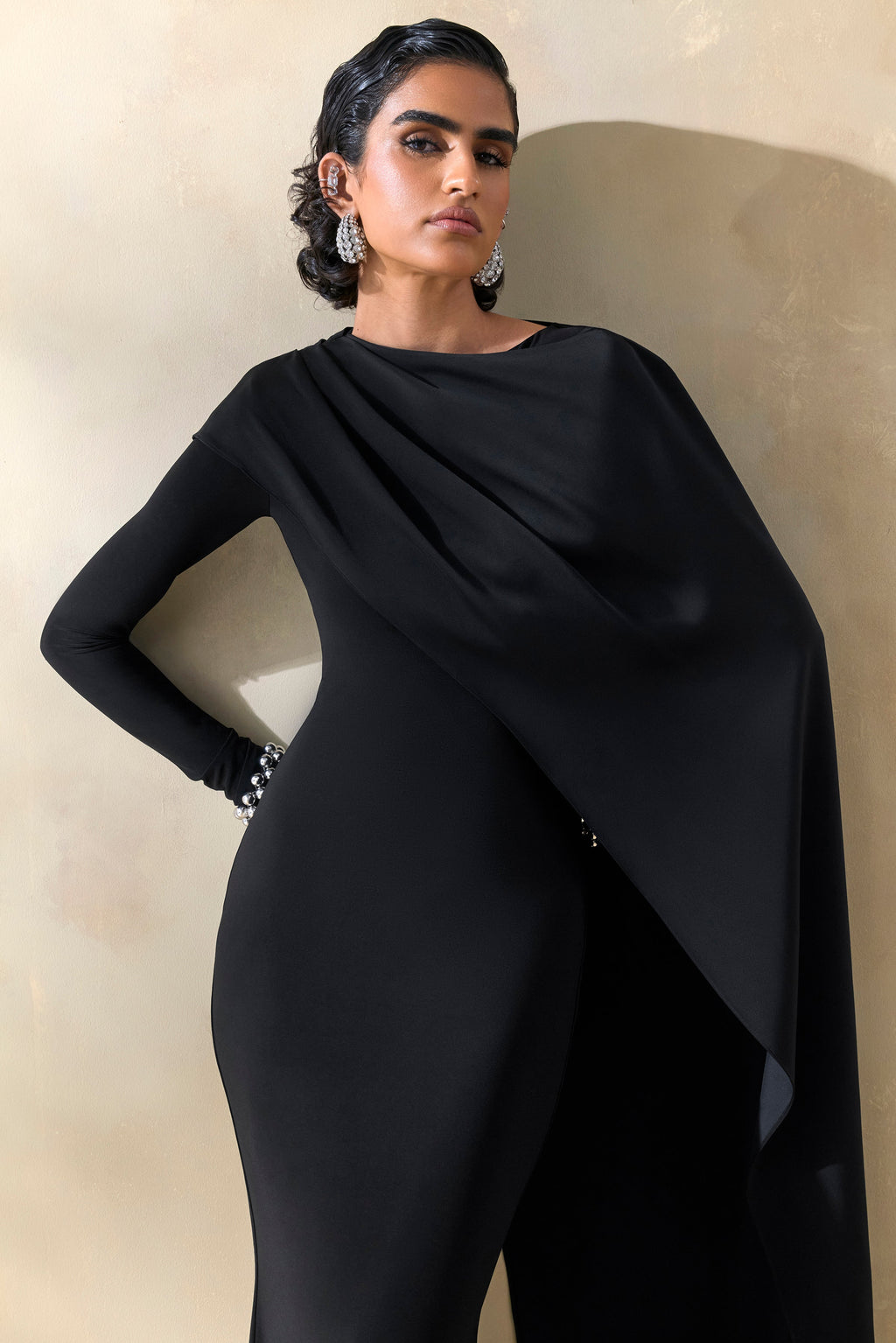 Salenne | Black Wide-Neck Maxi Dress With Satin Asymmetric-Cape