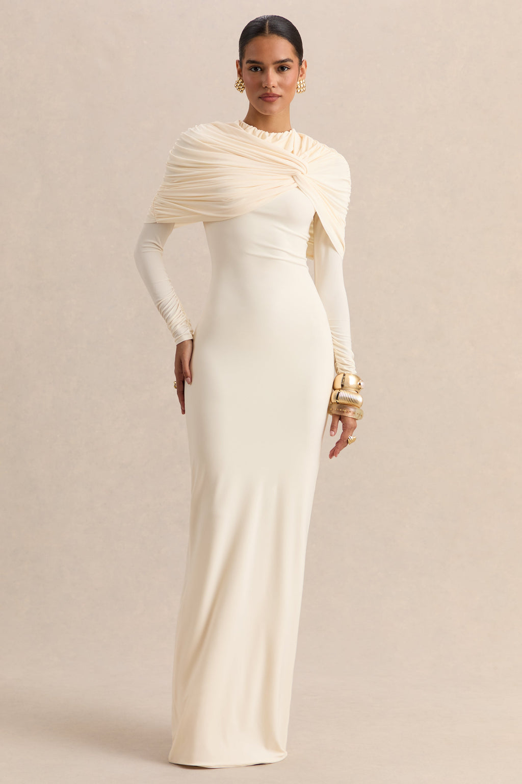 Evessa | Cream Crew-Neck Maxi Dress With Gathered-Detailing