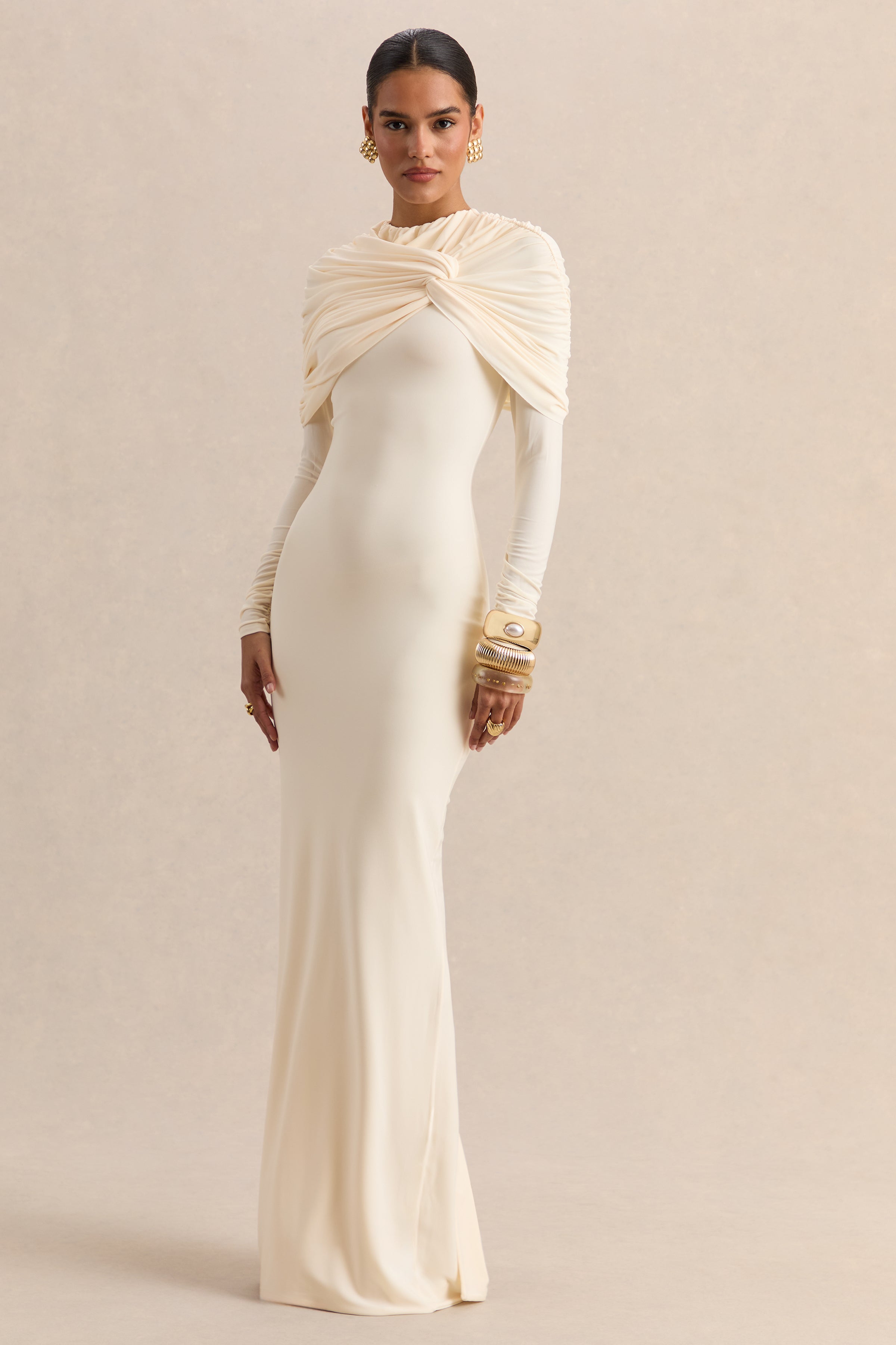 Evessa | Cream Crew-Neck Maxi Dress With Gathered-Detailing