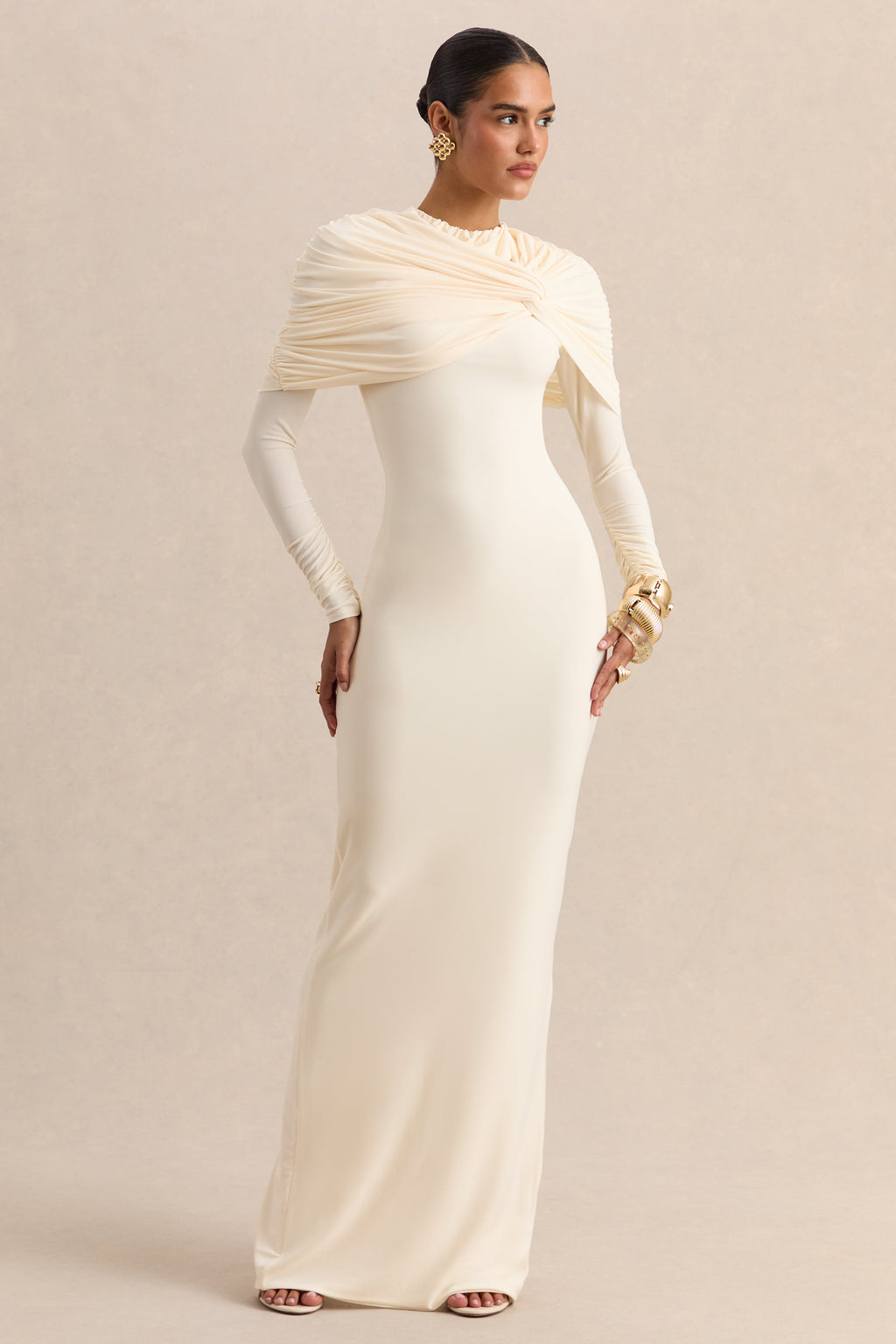 Evessa | Cream Crew-Neck Maxi Dress With Gathered-Detailing
