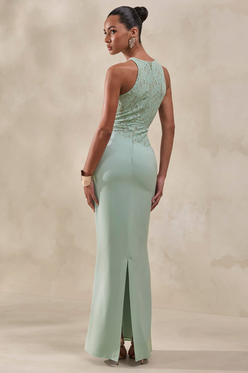 Anthelia | Mint Lace And Satin Racer-Neck Maxi Dress With Draped-Detail