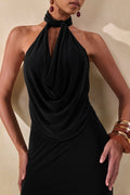 Loella | Black Tied Extreme Plunge Cowl-Neck Thong Bodysuit