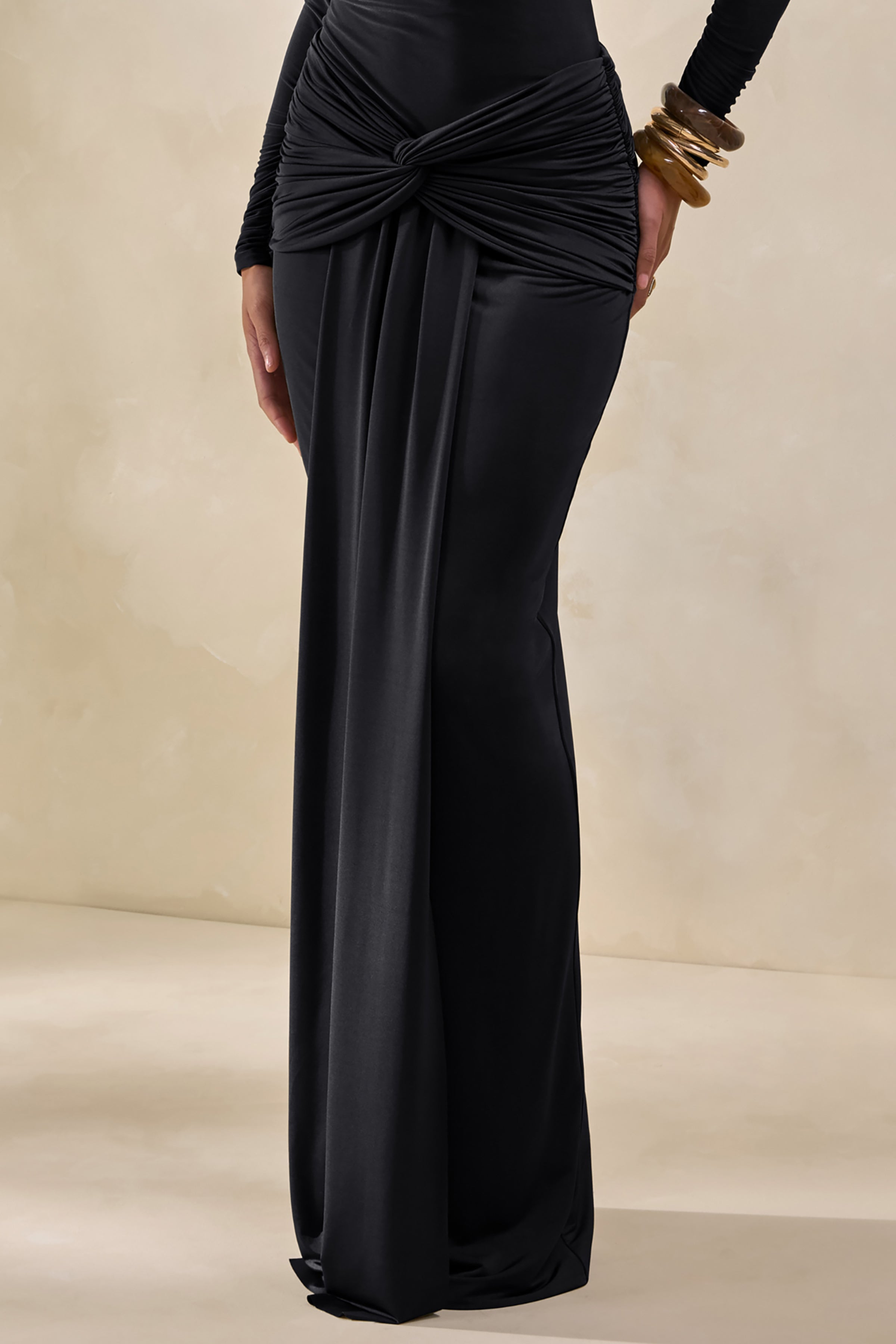 Theria | Black Maxi Skirt With Gathering And Knot Detail