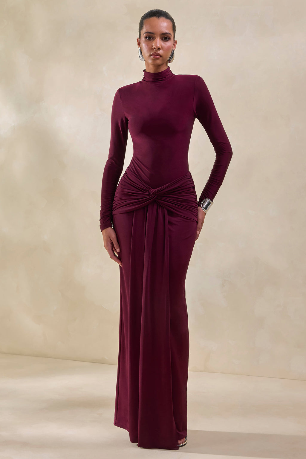 Theria | Burgundy Maxi Skirt With Gathering And Knot Detail