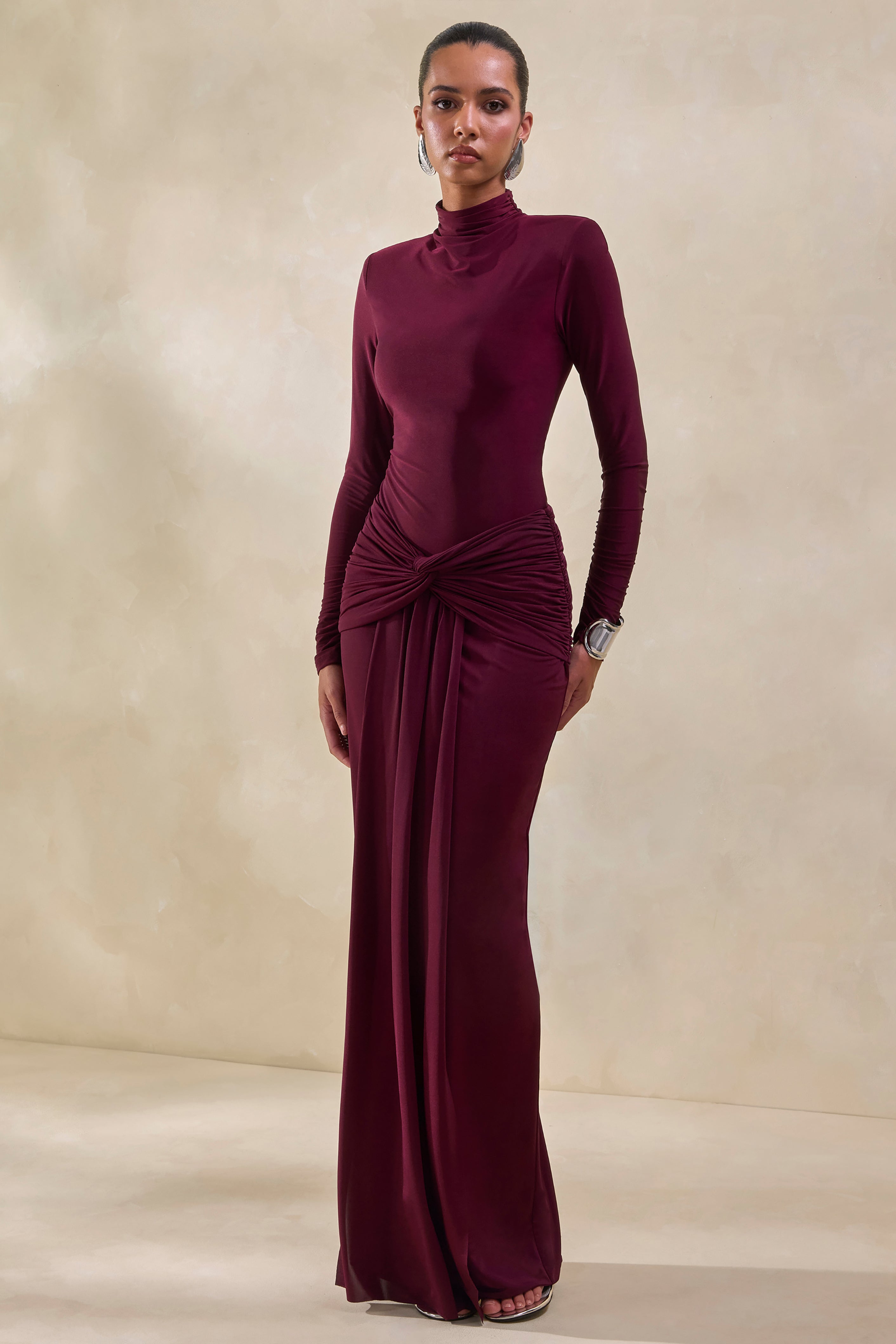 Theria | Burgundy Maxi Skirt With Gathering And Knot Detail