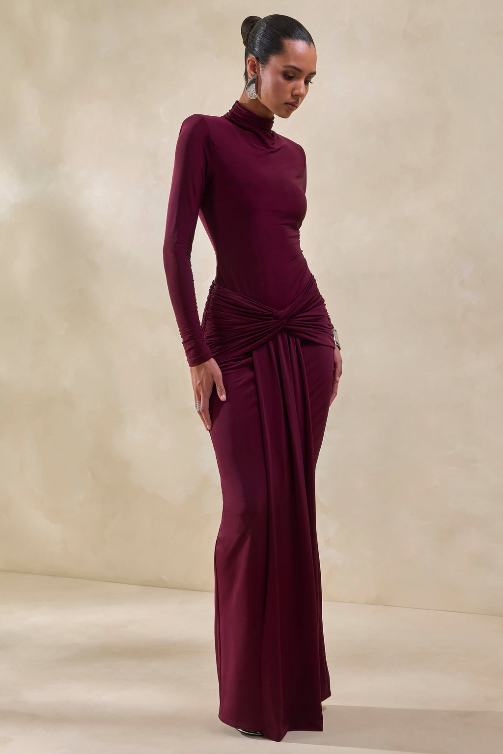 Theria | Burgundy Maxi Skirt With Gathering And Knot Detail