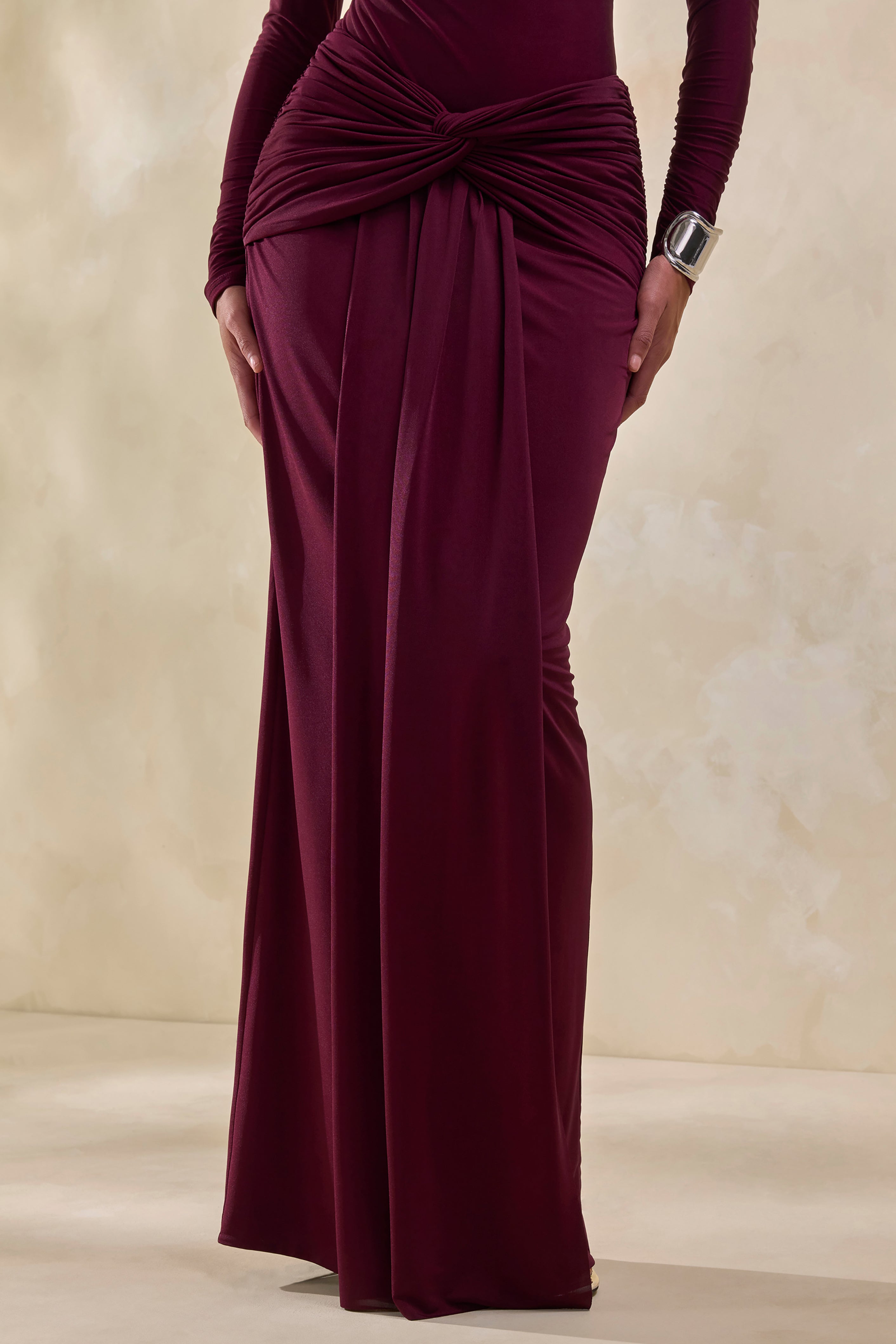 Theria | Burgundy Maxi Skirt With Gathering And Knot Detail