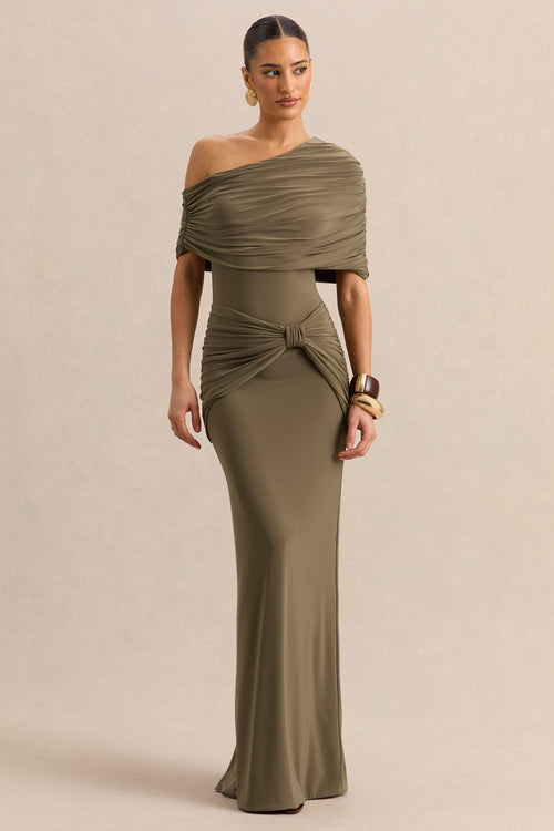 Afiya | Khaki Twisted Waist Maxi Skirt with Knot Detailing