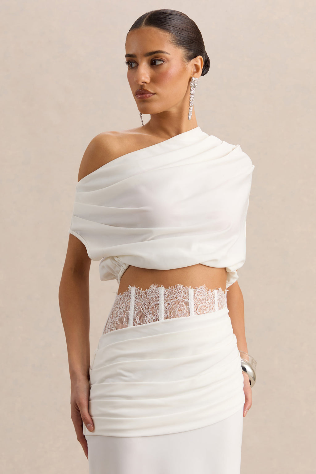 Yaselle | White Satin Asymmetric-Neck Crop-Top