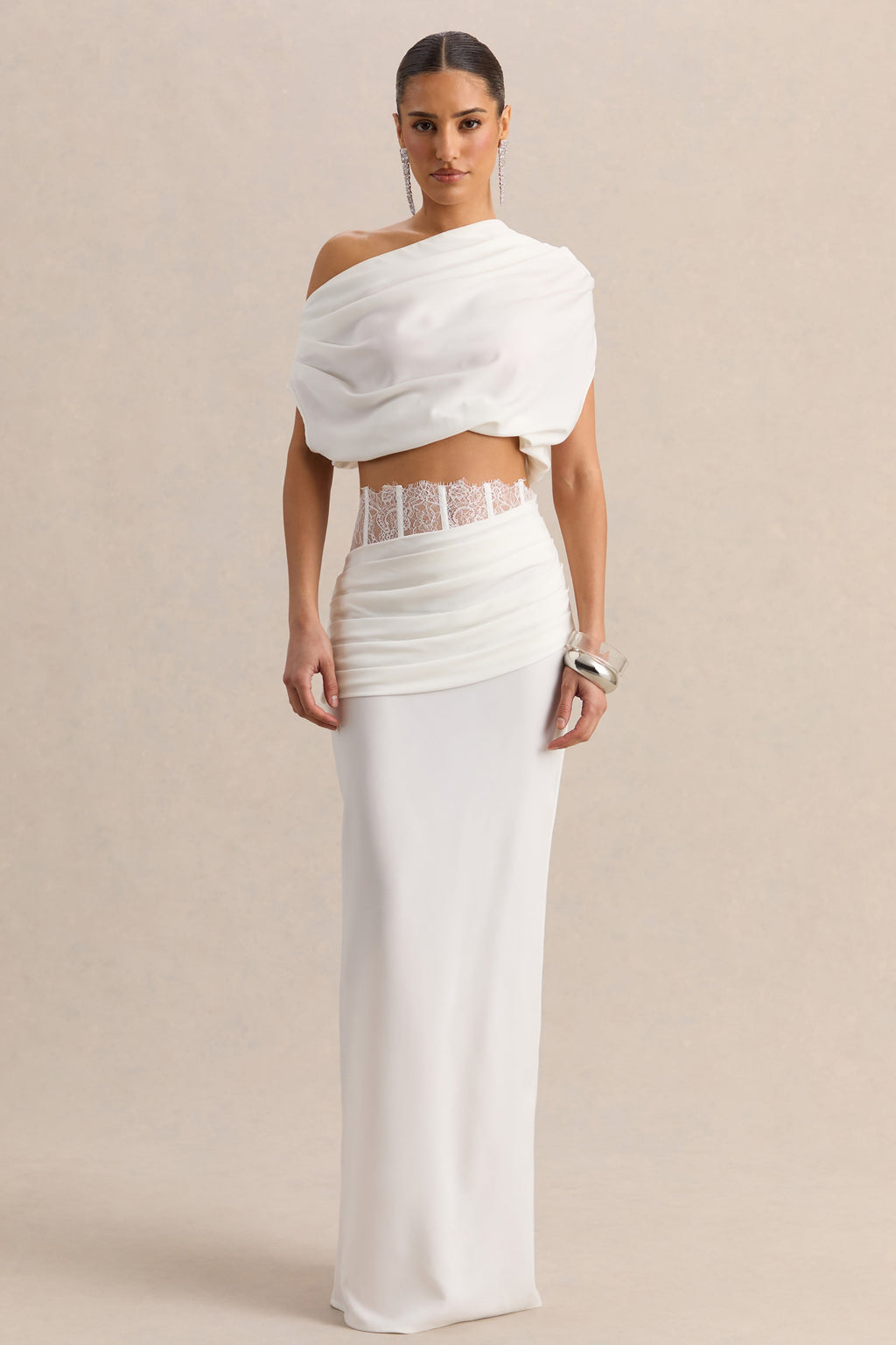 Yaselle | White Satin Asymmetric-Neck Crop-Top