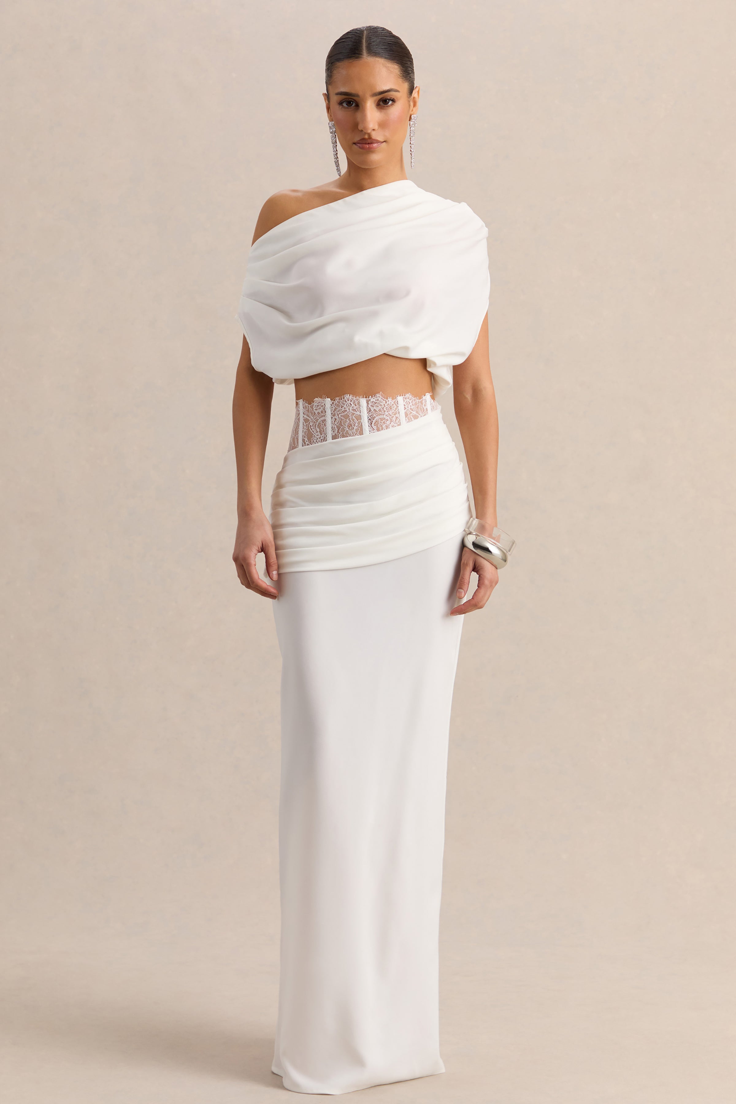 Yaselle | White Satin Asymmetric-Neck Crop-Top