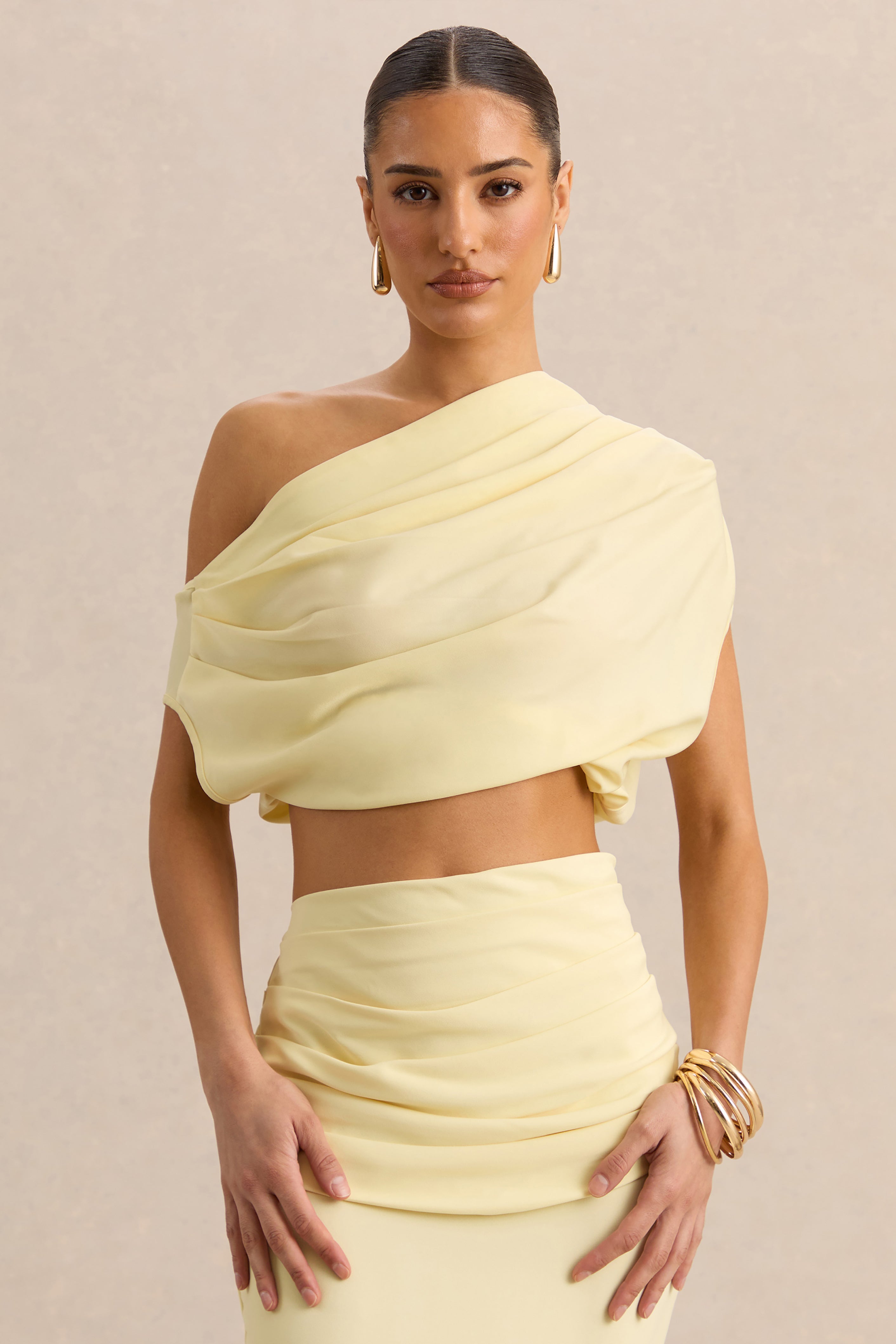 Yaselle | Lemon Satin Asymmetric-Neck Crop-Top