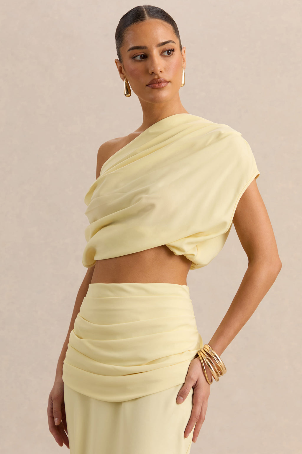 Yaselle | Lemon Satin Asymmetric-Neck Crop-Top