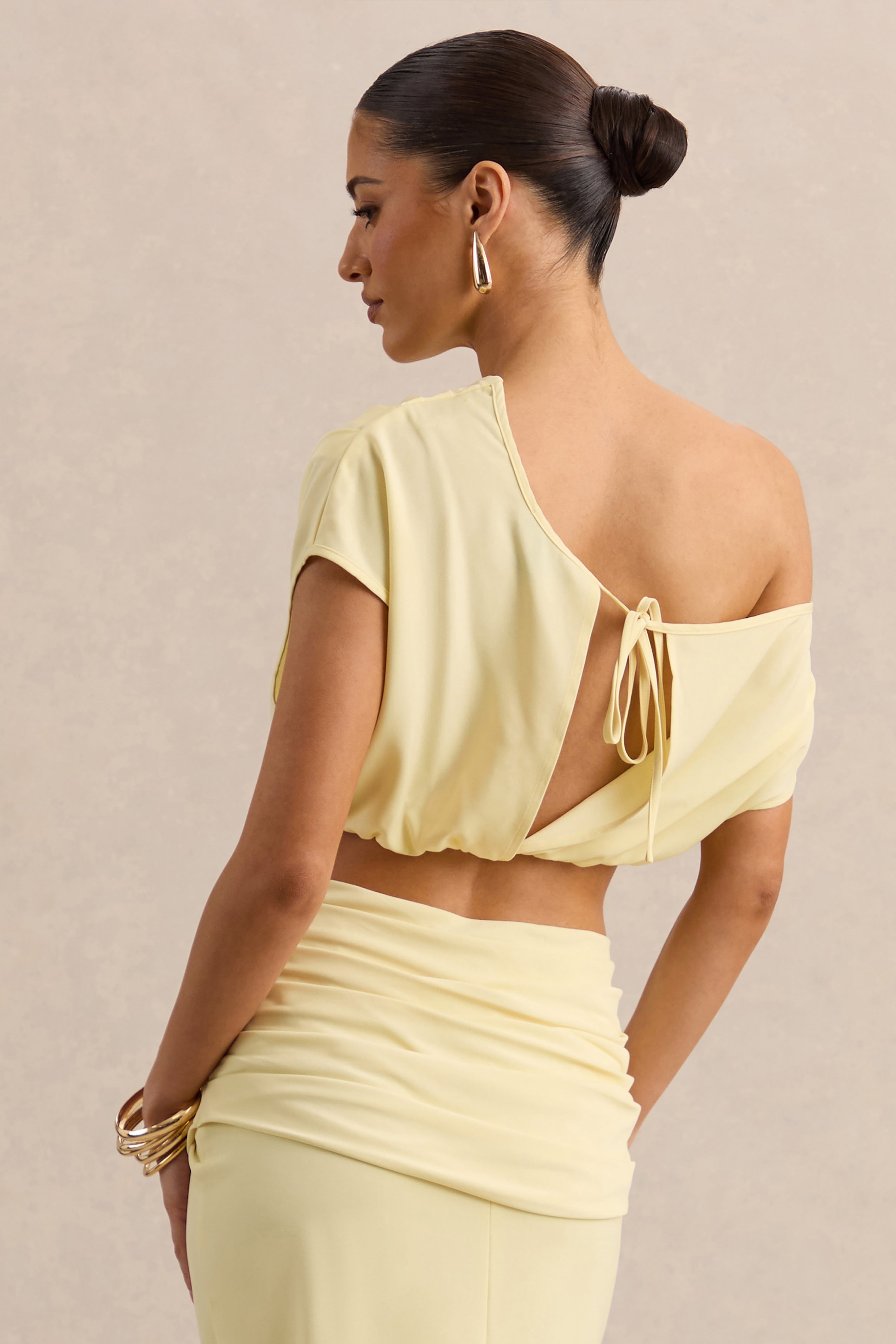 Yaselle | Lemon Satin Asymmetric-Neck Crop-Top