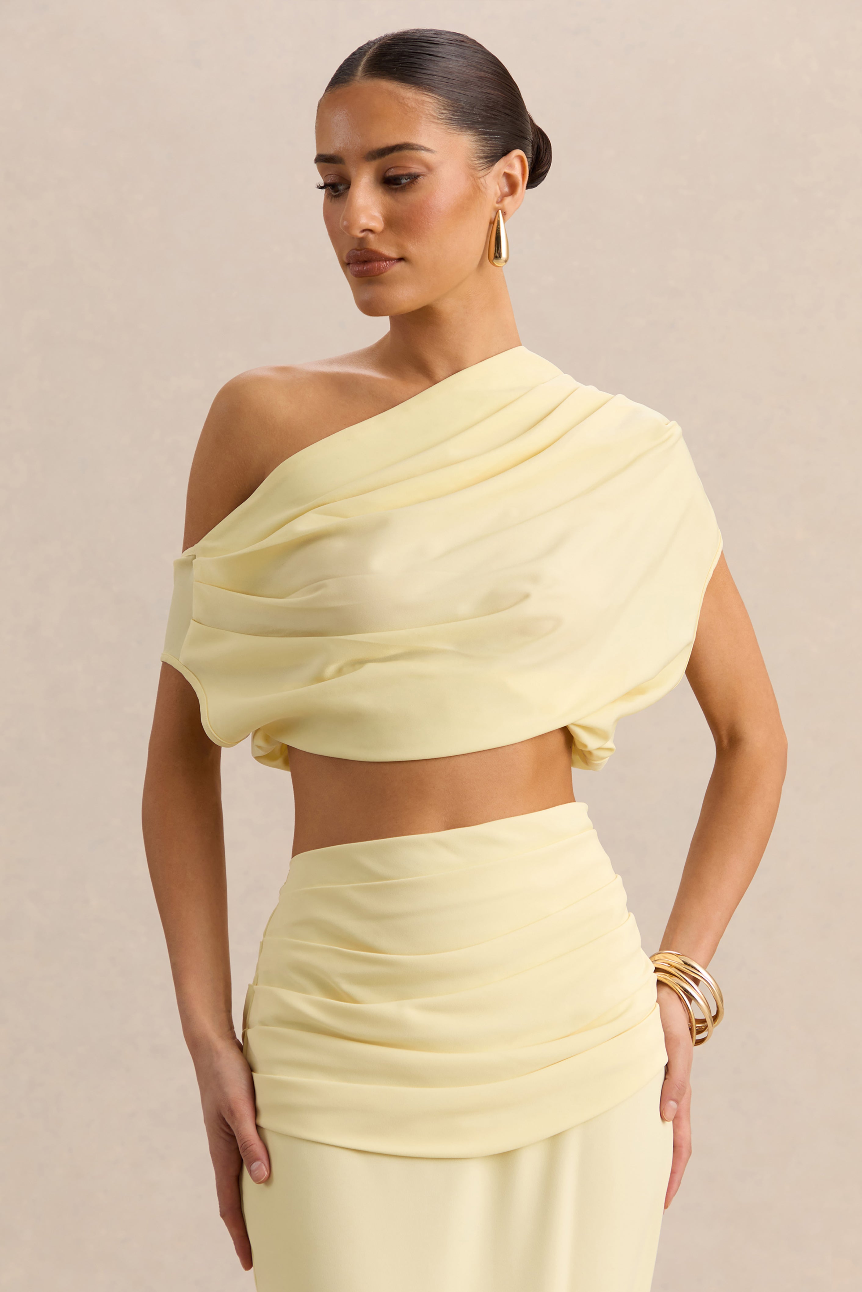 Yaselle | Lemon Satin Asymmetric-Neck Crop-Top