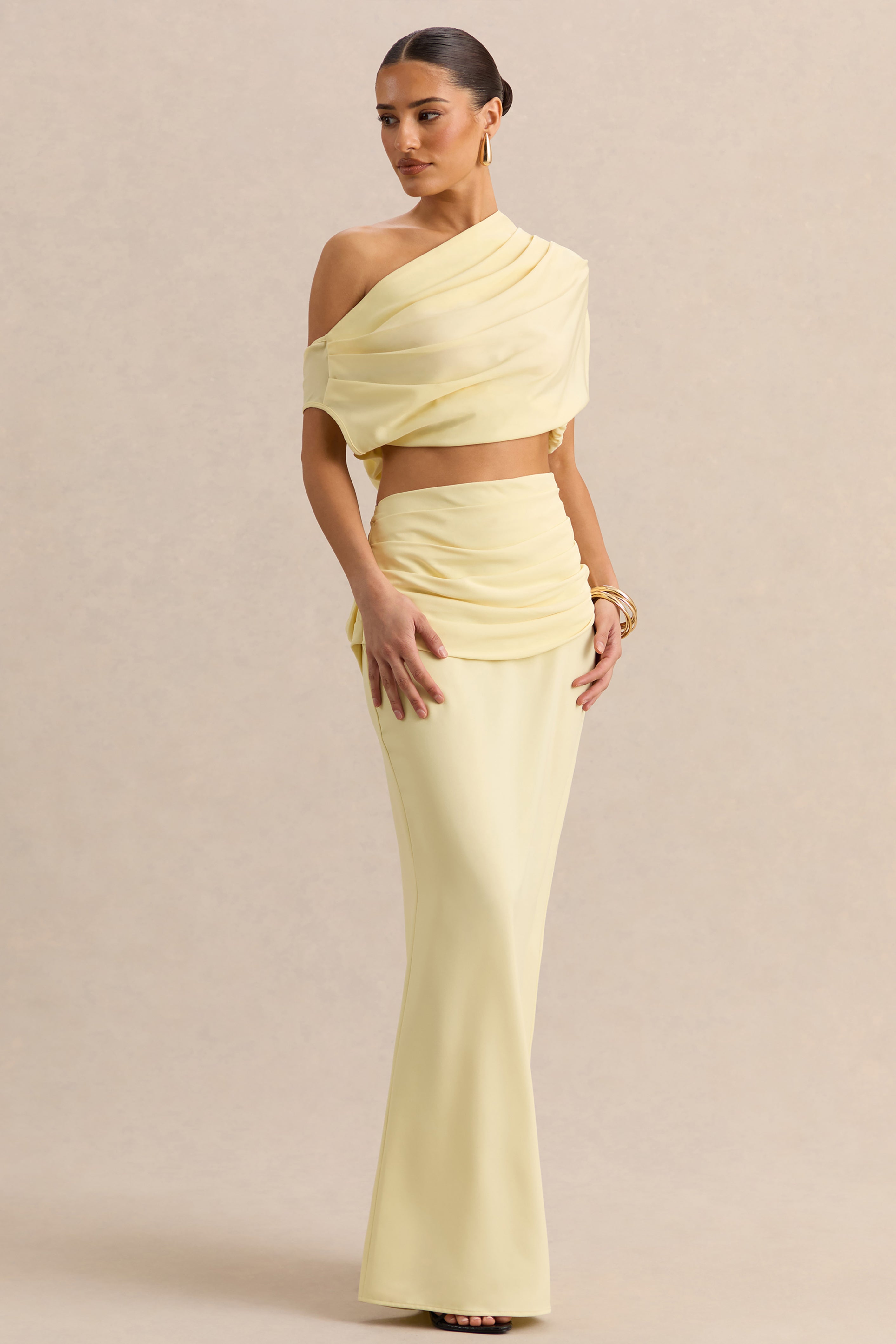 Yaselle | Lemon Satin Asymmetric-Neck Crop-Top