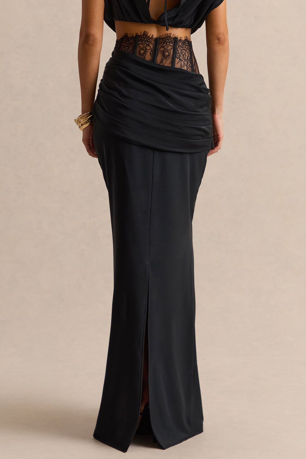 Silora | Black Satin Maxi Skirt With Lace-Detail