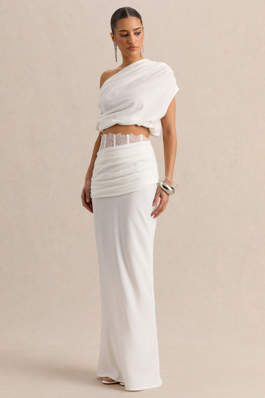 Silora | White Satin Maxi Skirt With Lace-Detail