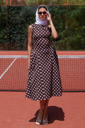 Celosia | Brown Polka-Dot Asymmetric-Neck Midi Dress With Gold-Detailing