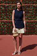 Anise | Navy Crew-Neck Belted Mini-Dress With White Pleated-Hem