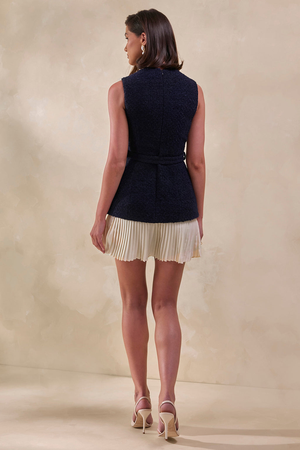 Anise | Navy Crew-Neck Belted Mini-Dress With White Pleated-Hem