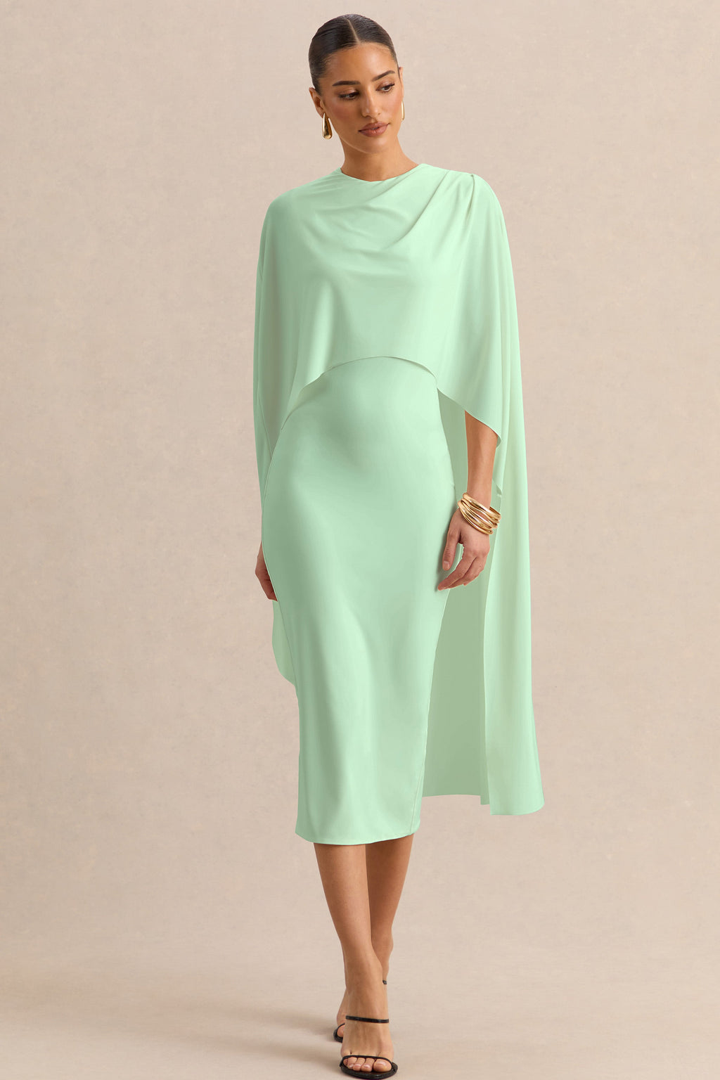 Luxalyn | Green Round-Neck Midi Dress With Cape-Detail