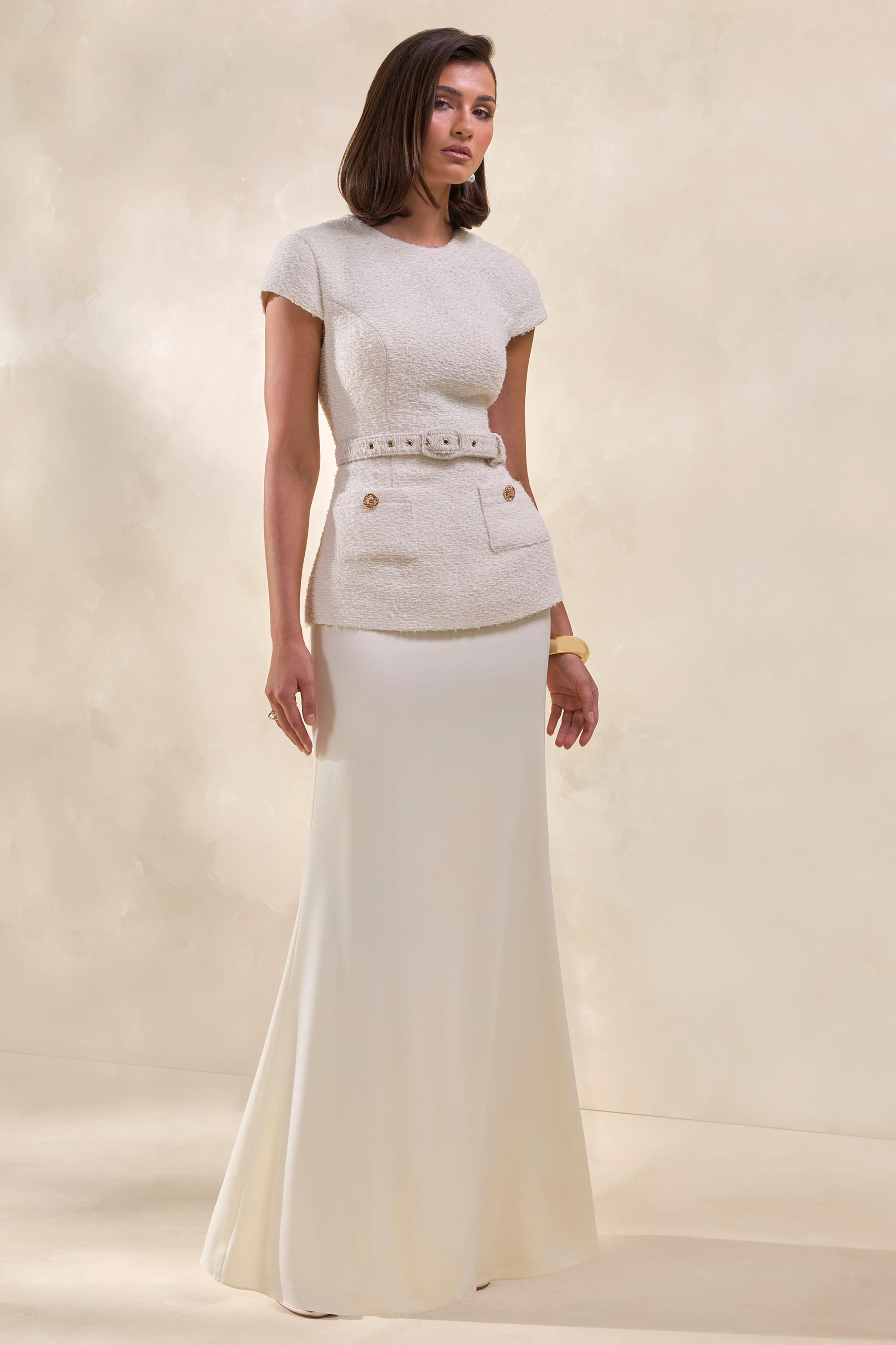 Whispera | Cream Crew-Neck Maxi Dress With Satin Skirt And Pocket-Details